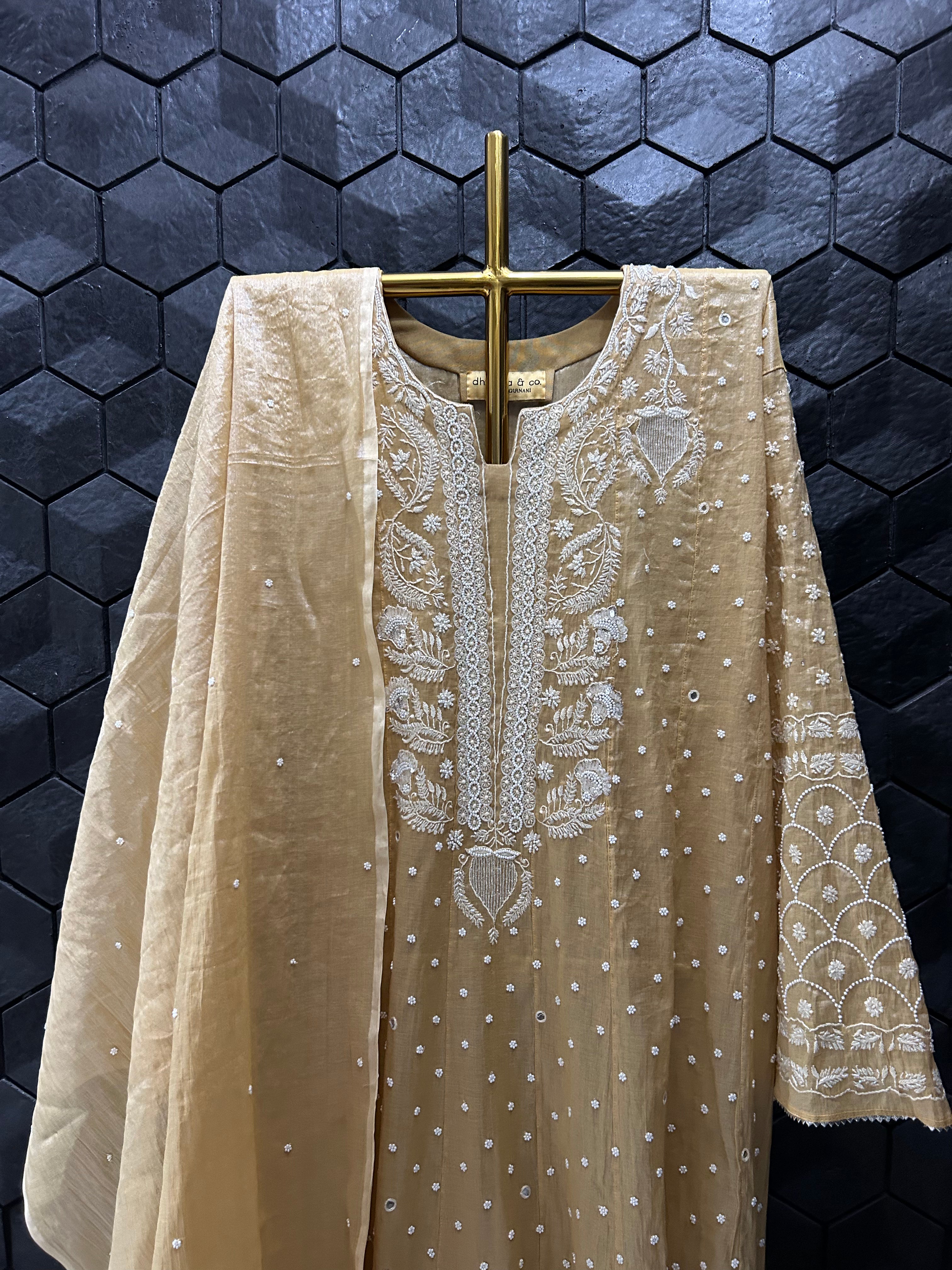 Mustard Tissue Chikankari Anarkali Set