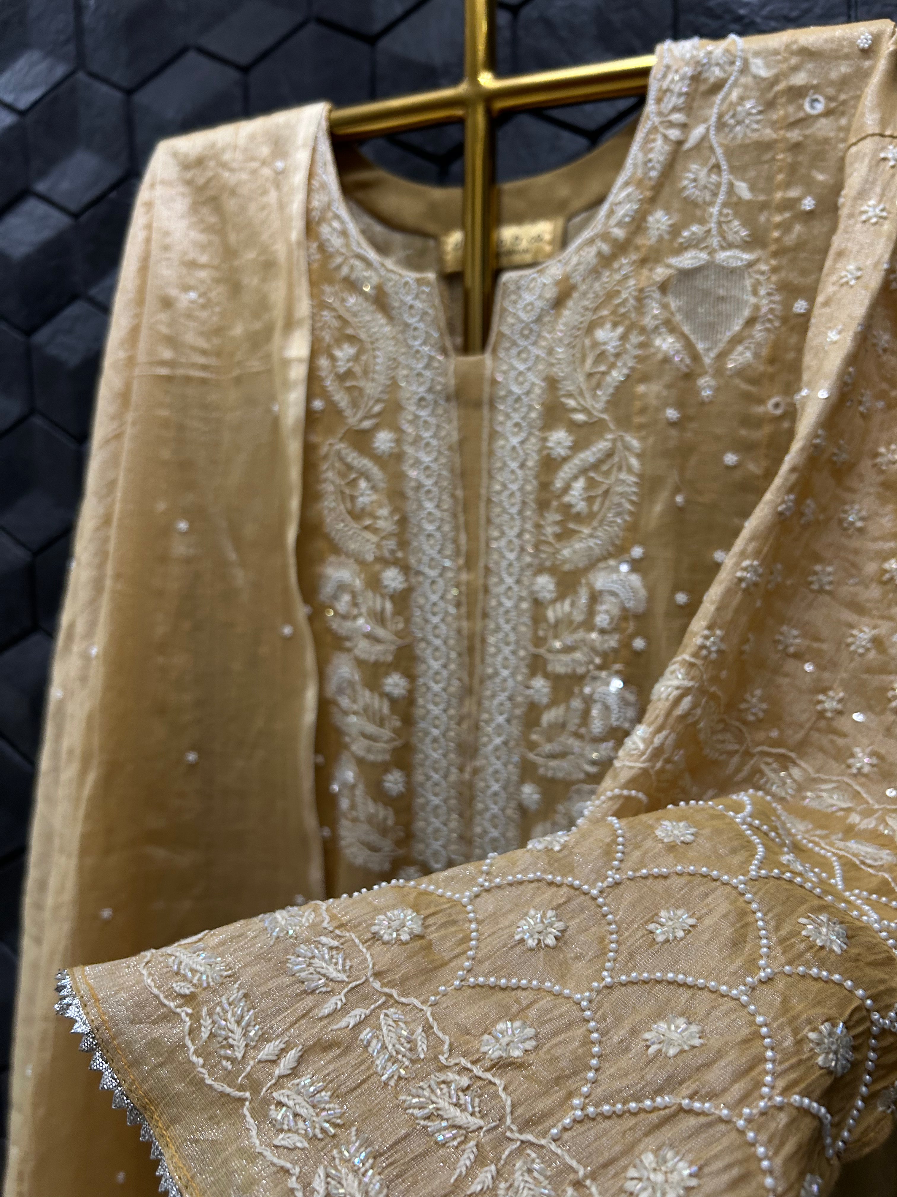 Mustard Tissue Chikankari Anarkali Set