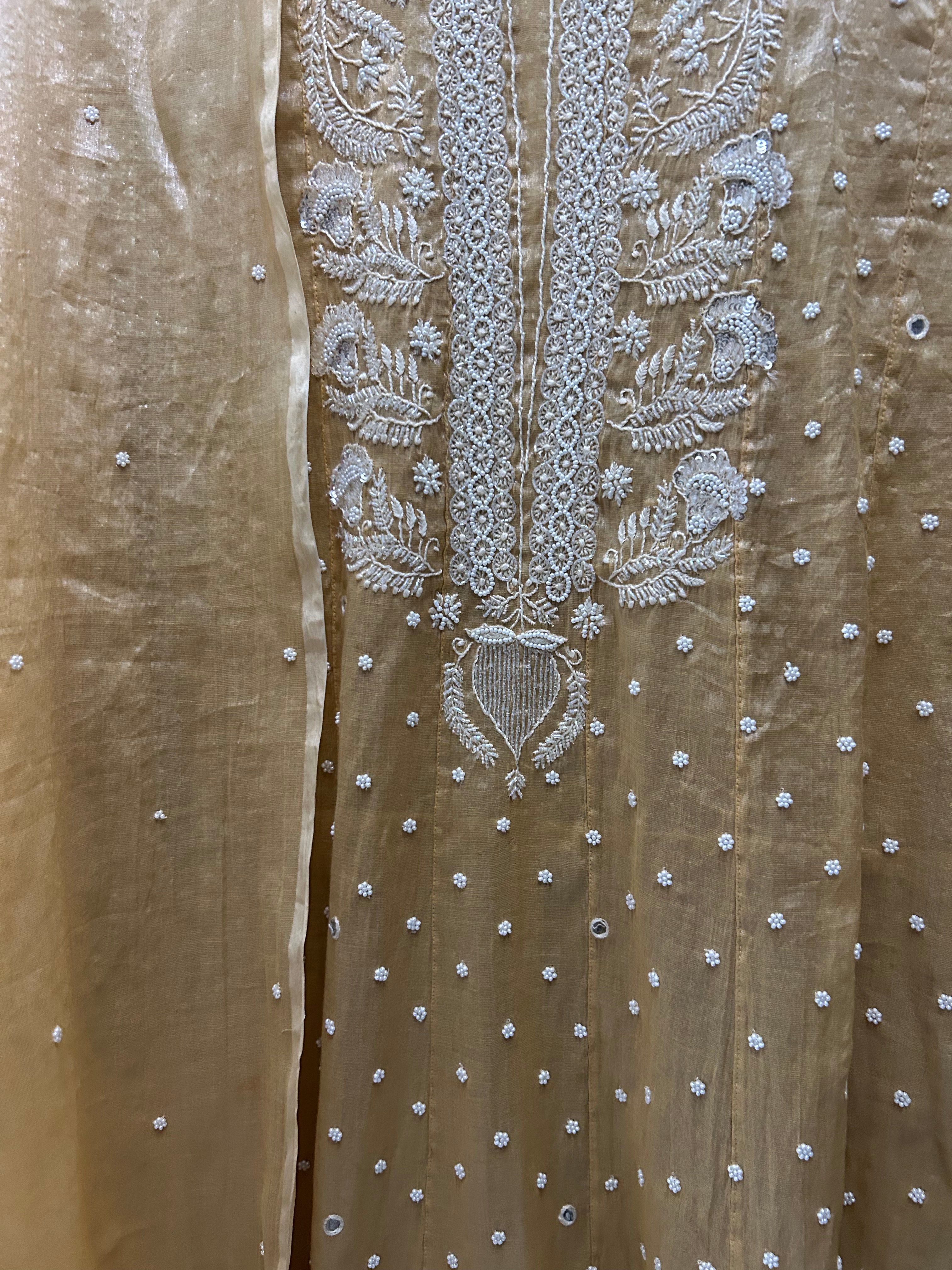 Mustard Tissue Chikankari Anarkali Set