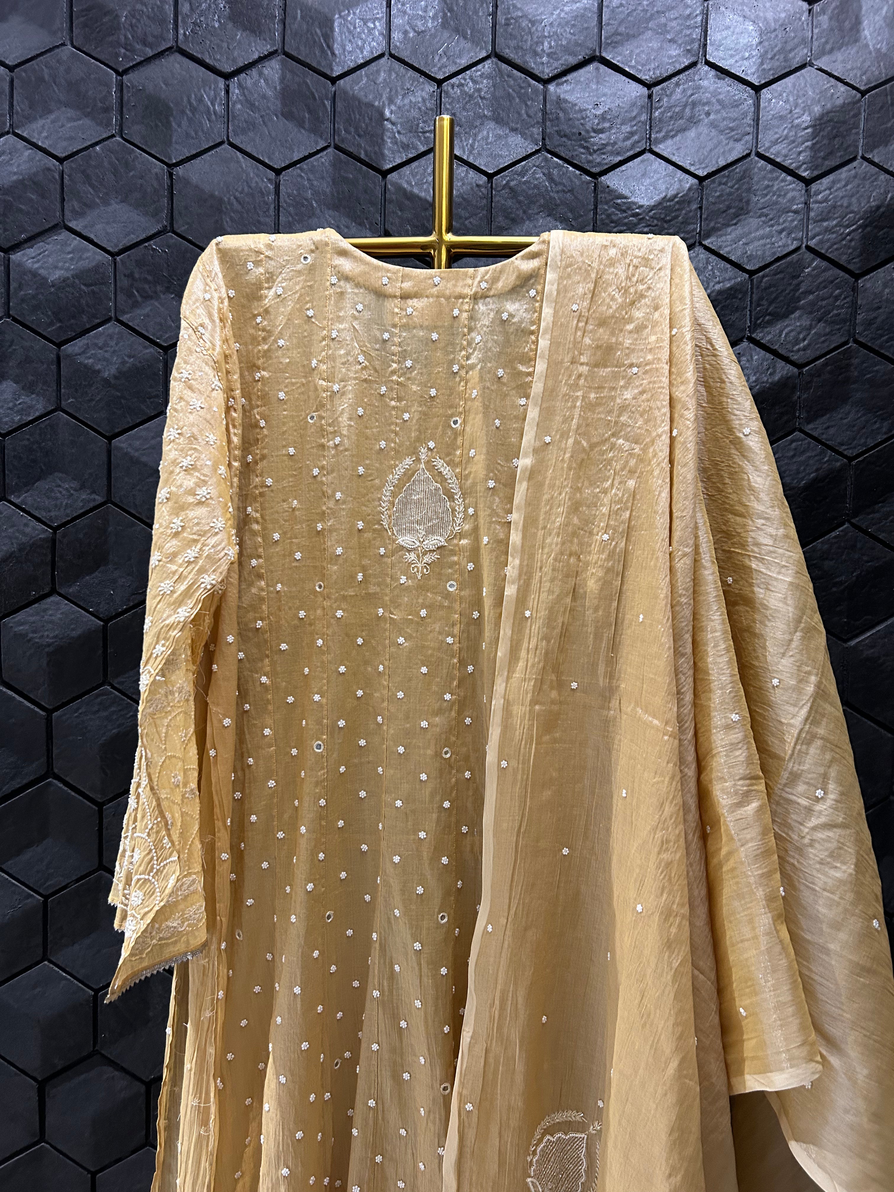 Mustard Tissue Chikankari Anarkali Set