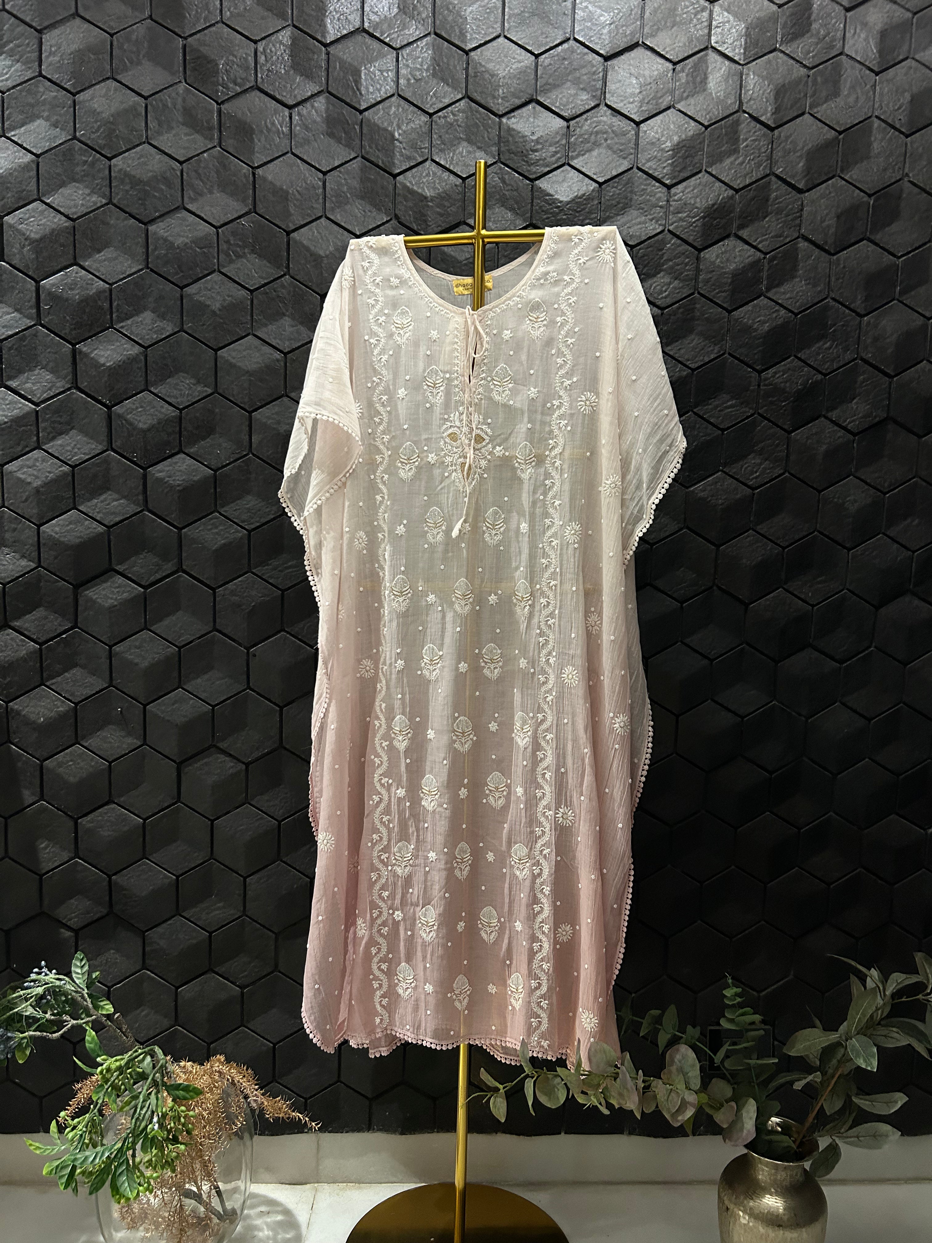 Pink Mul Chanderi Chikankari Kaftan