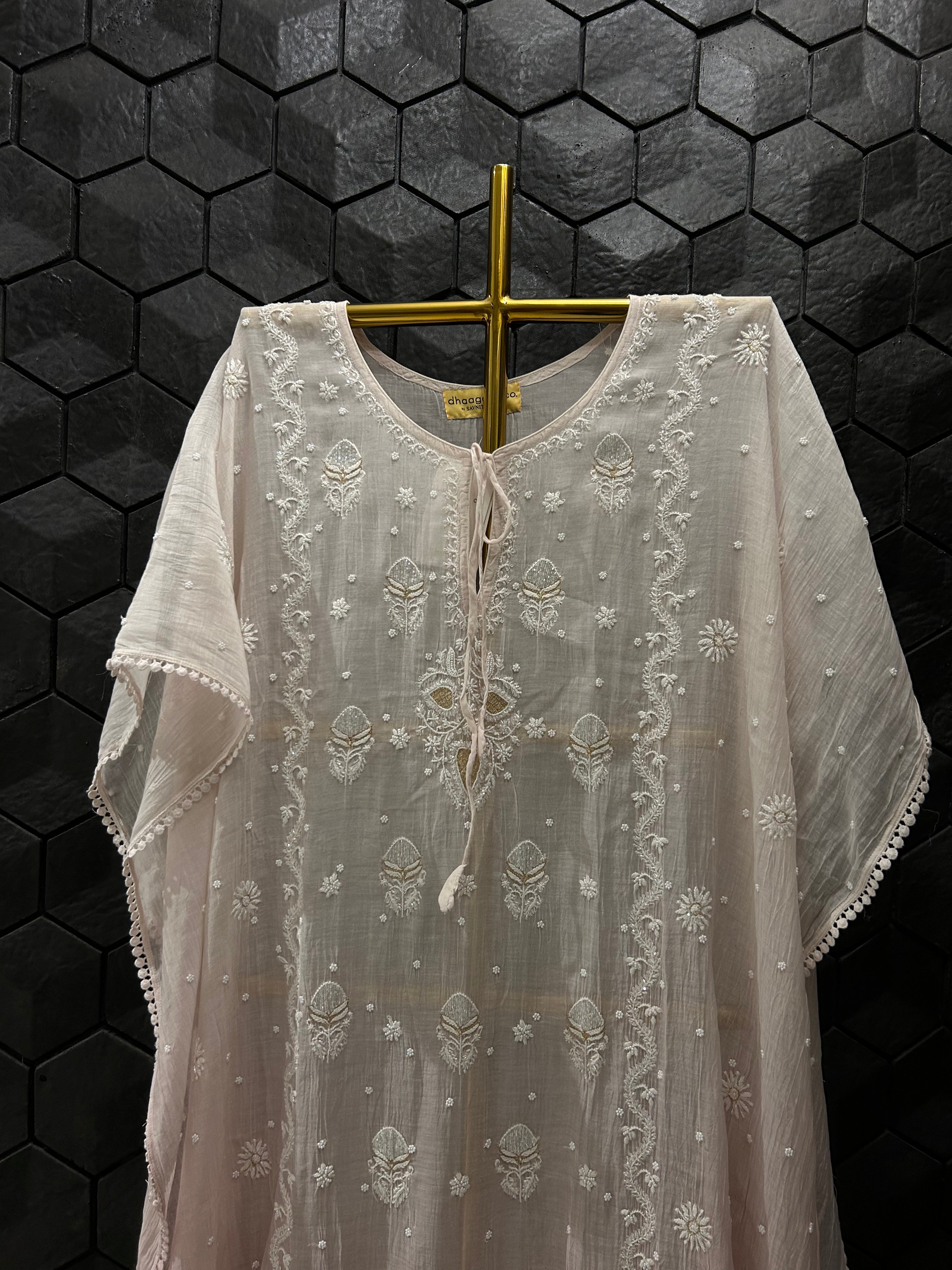 Pink Mul Chanderi Chikankari Kaftan