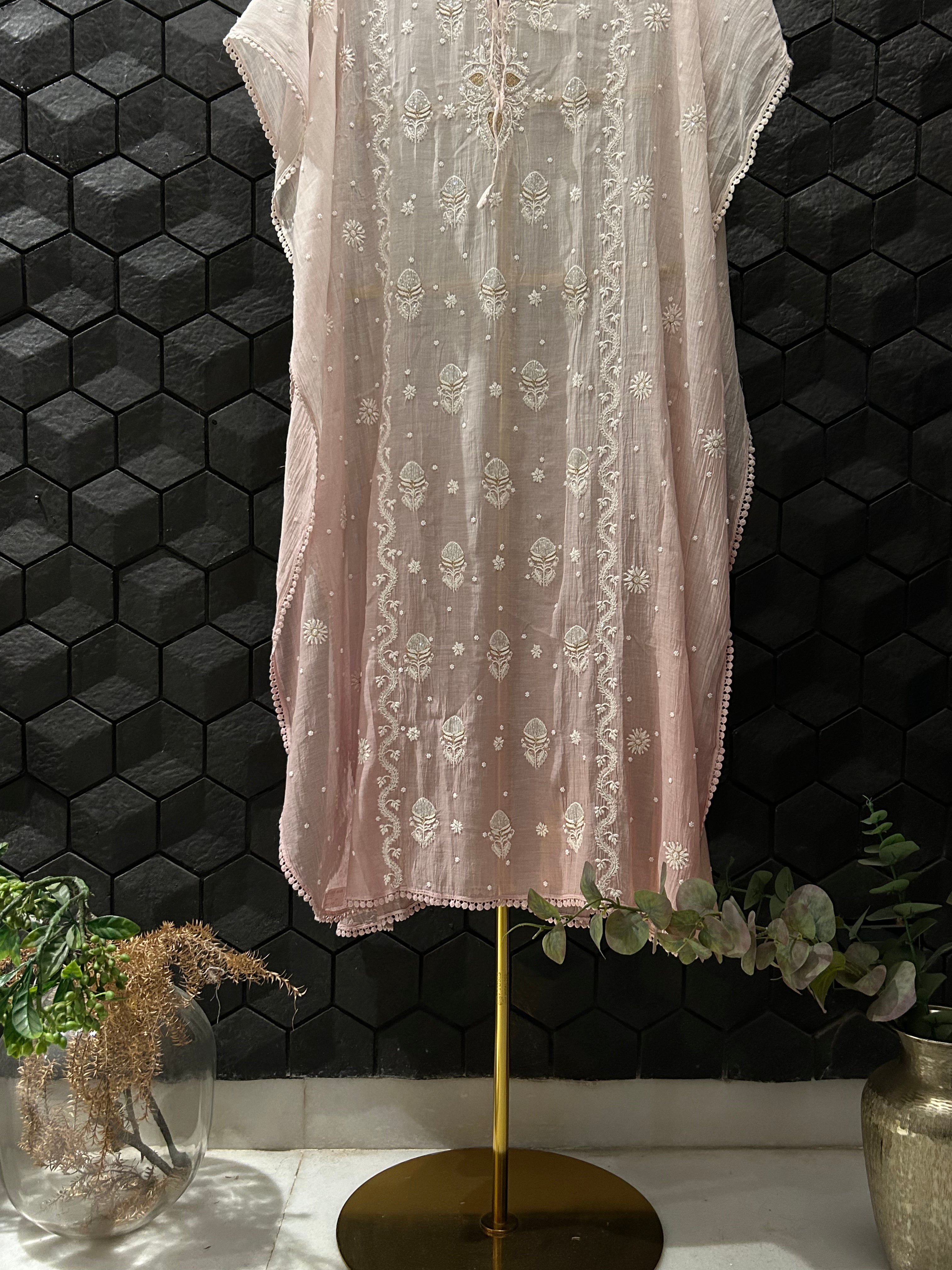 Pink Mul Chanderi Chikankari Kaftan