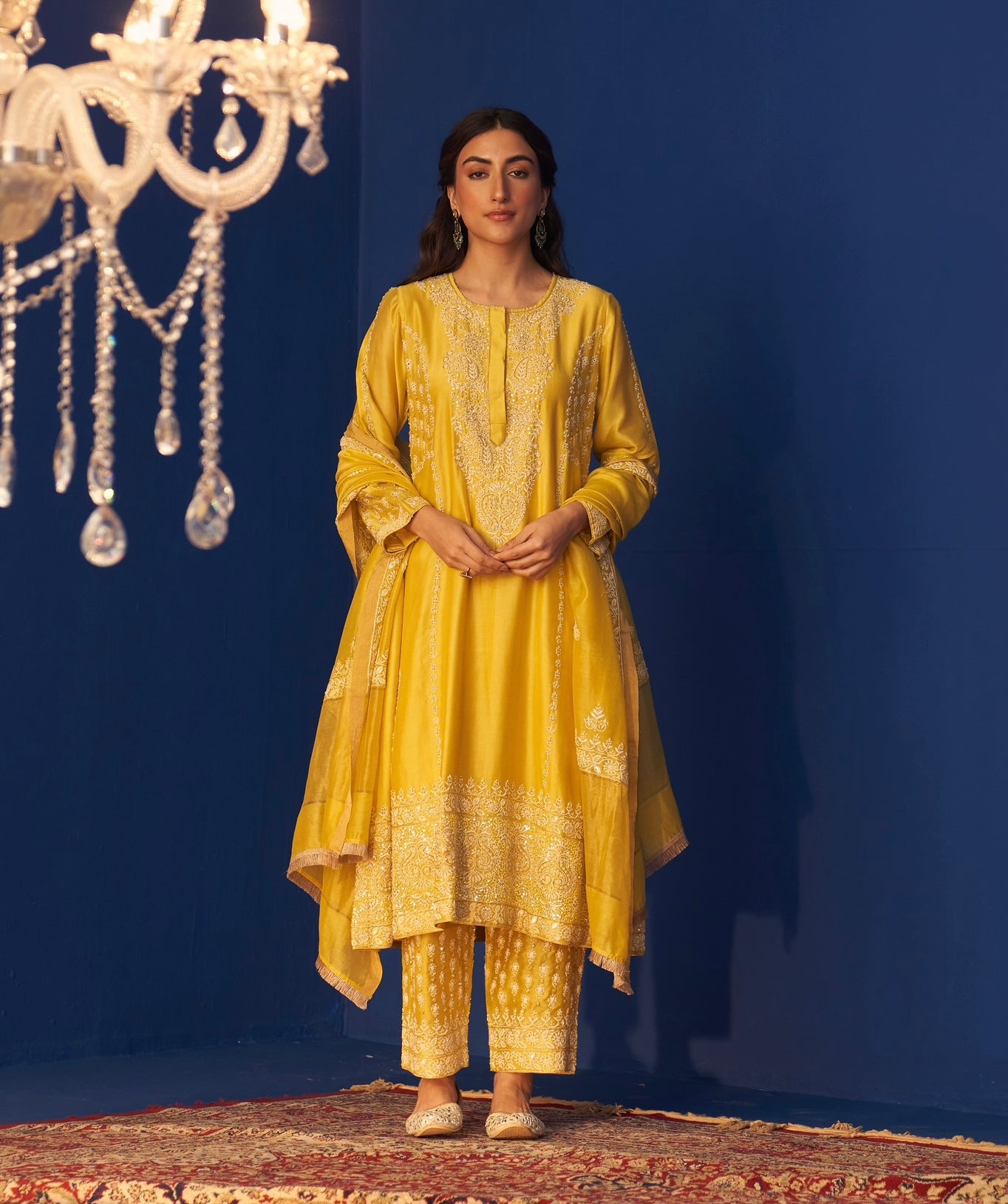 Lemon Yellow Chanderi Chikankari Heavy Embellished Anarkali Set