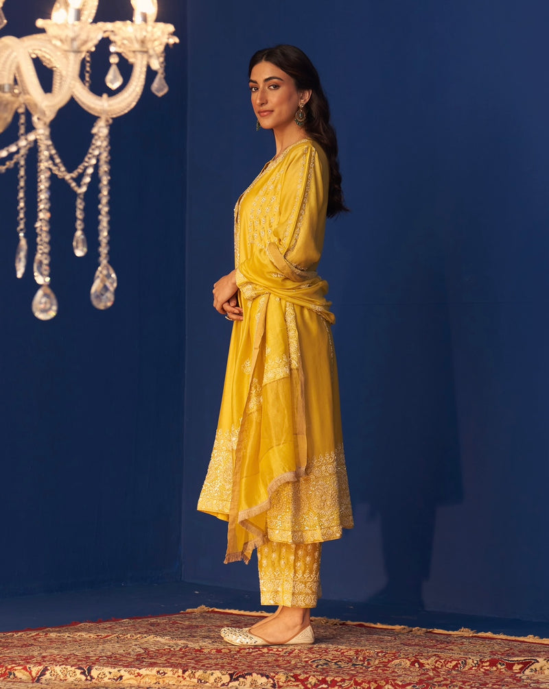 Lemon Yellow Chanderi Chikankari Heavy Embellished Anarkali Set