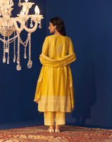 Lemon Yellow Chanderi Chikankari Heavy Embellished Anarkali Set