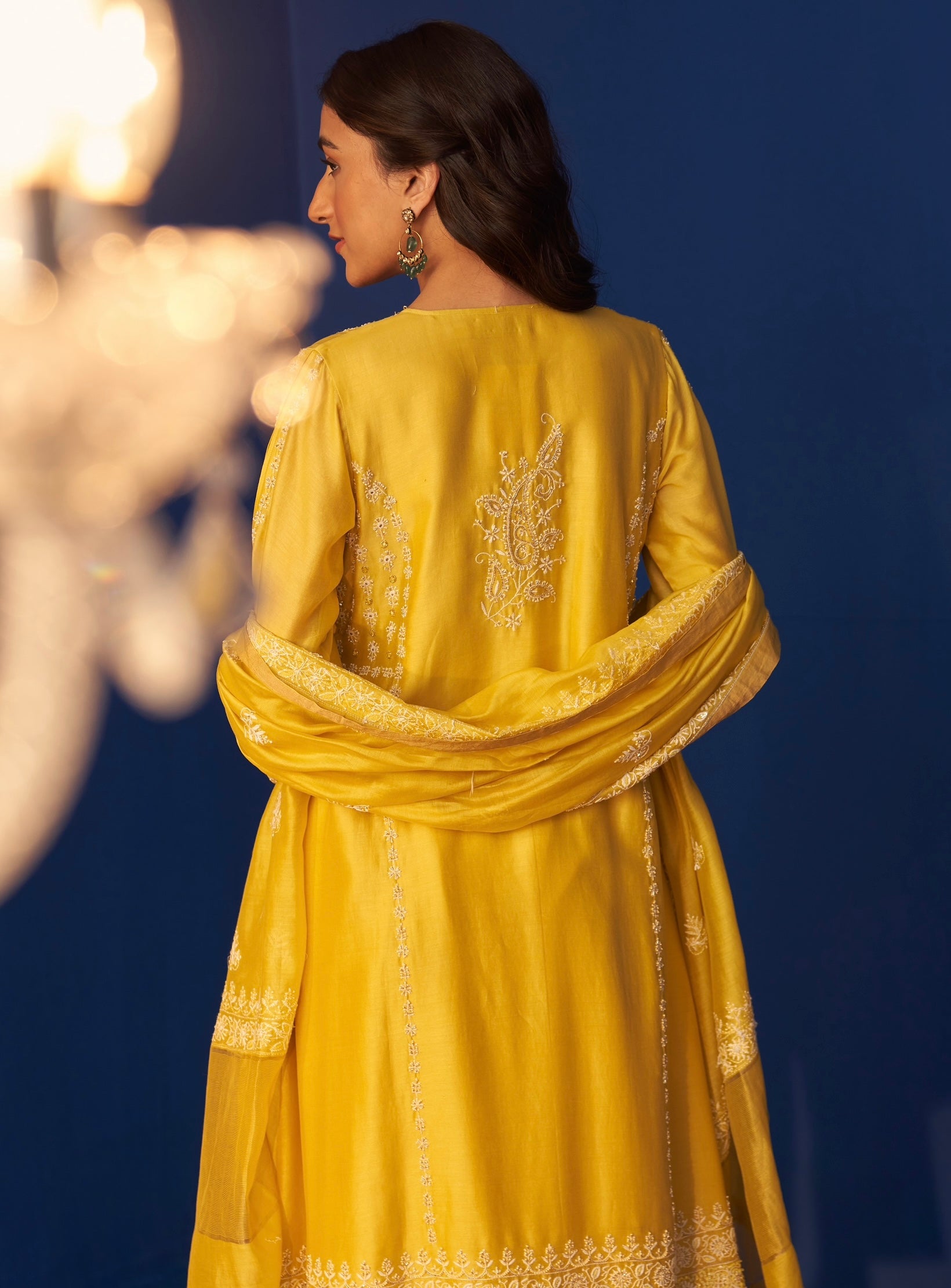 Lemon Yellow Chanderi Chikankari Heavy Embellished Anarkali Set