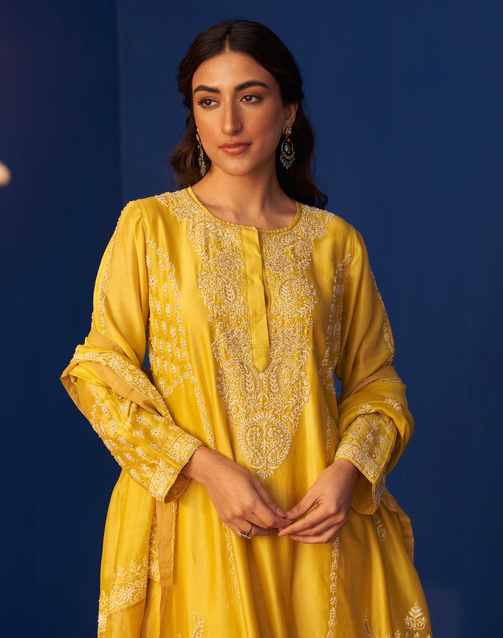 Lemon Yellow Chanderi Chikankari Heavy Embellished Anarkali Set