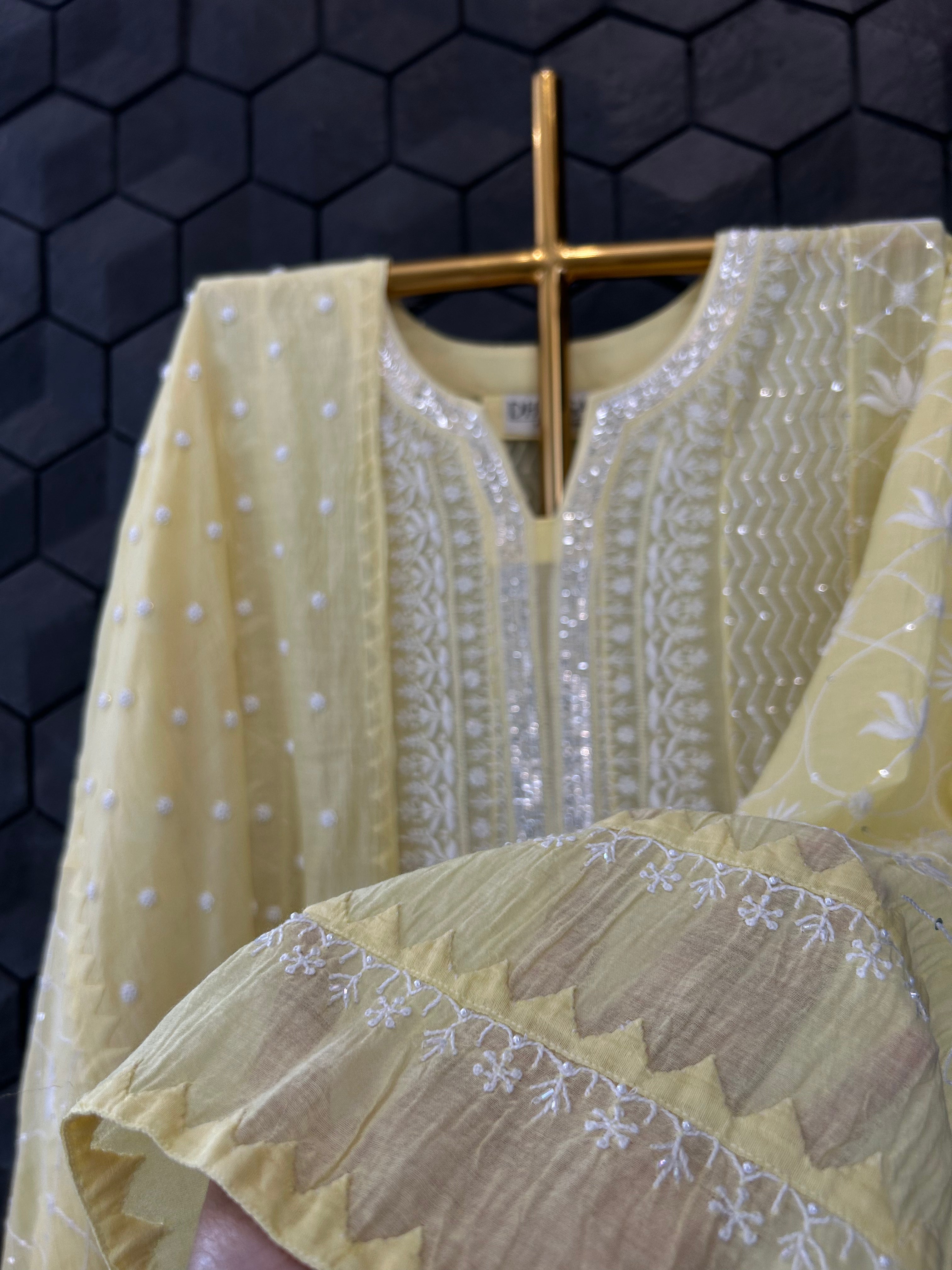 Lime Green Mul Chanderi Chikankari Anarkali Set