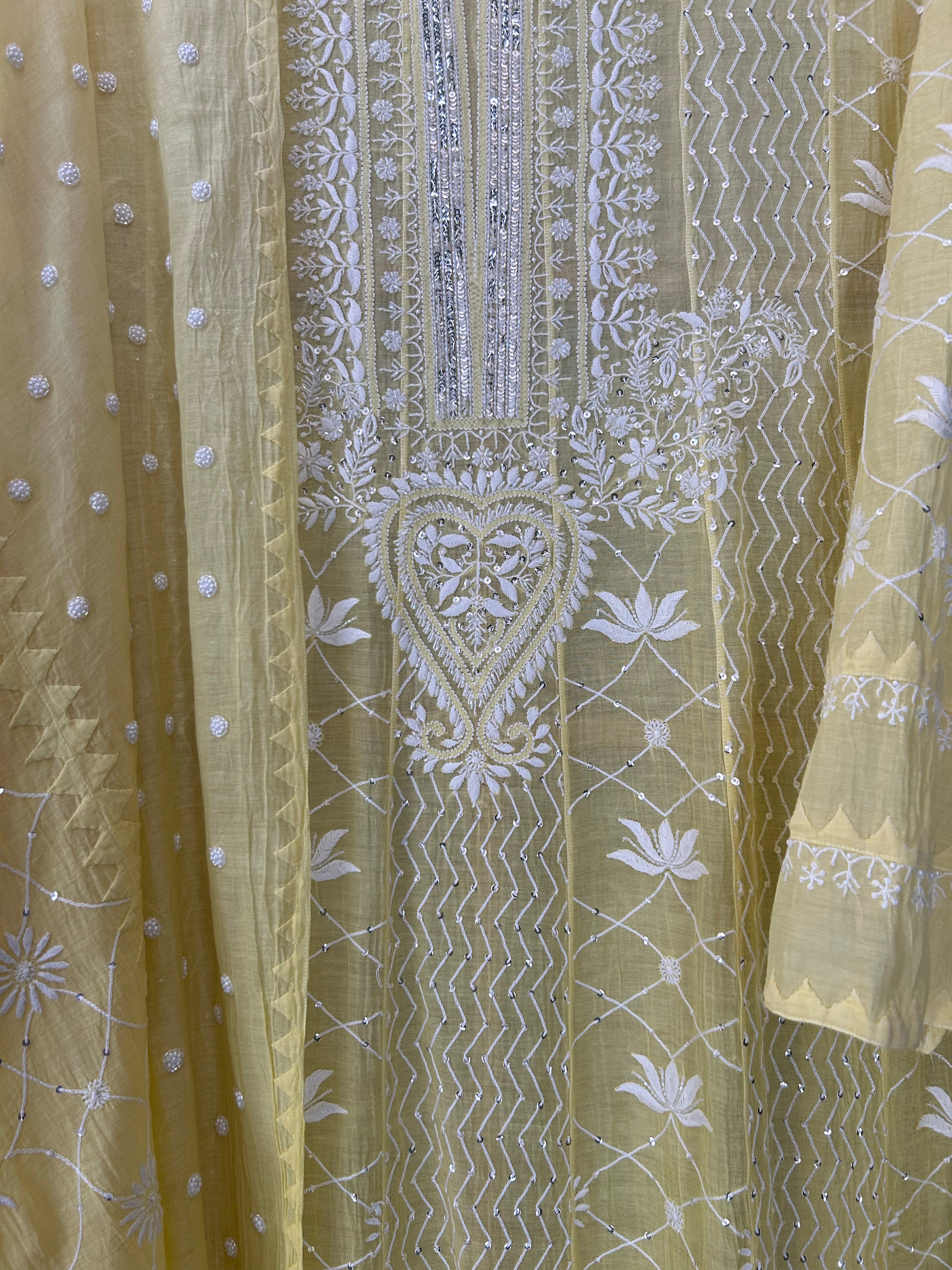 Lime Green Mul Chanderi Chikankari Anarkali Set