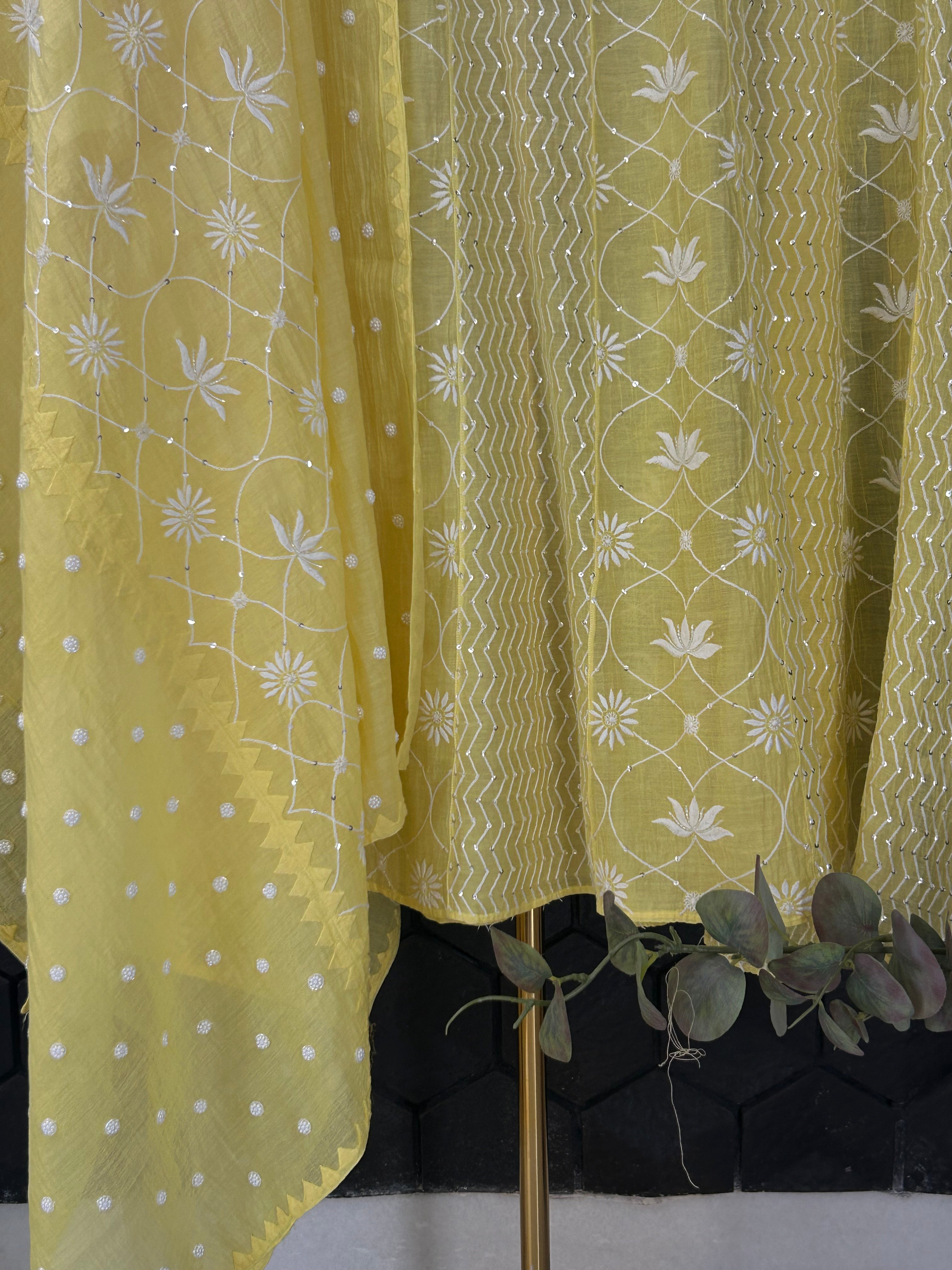 Lime Green Mul Chanderi Chikankari Anarkali Set