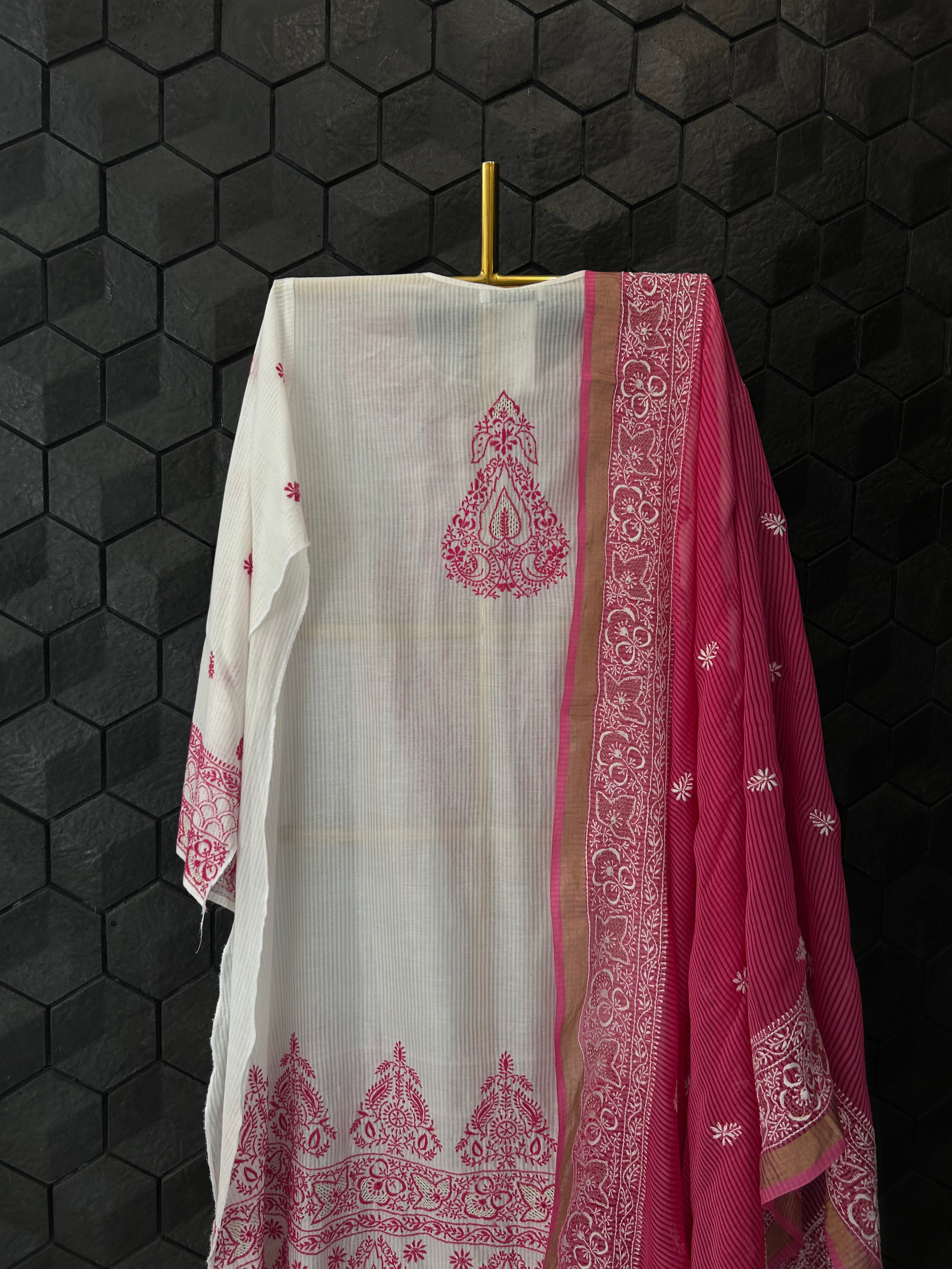 White Maheshwari Chikankari Kurta Set