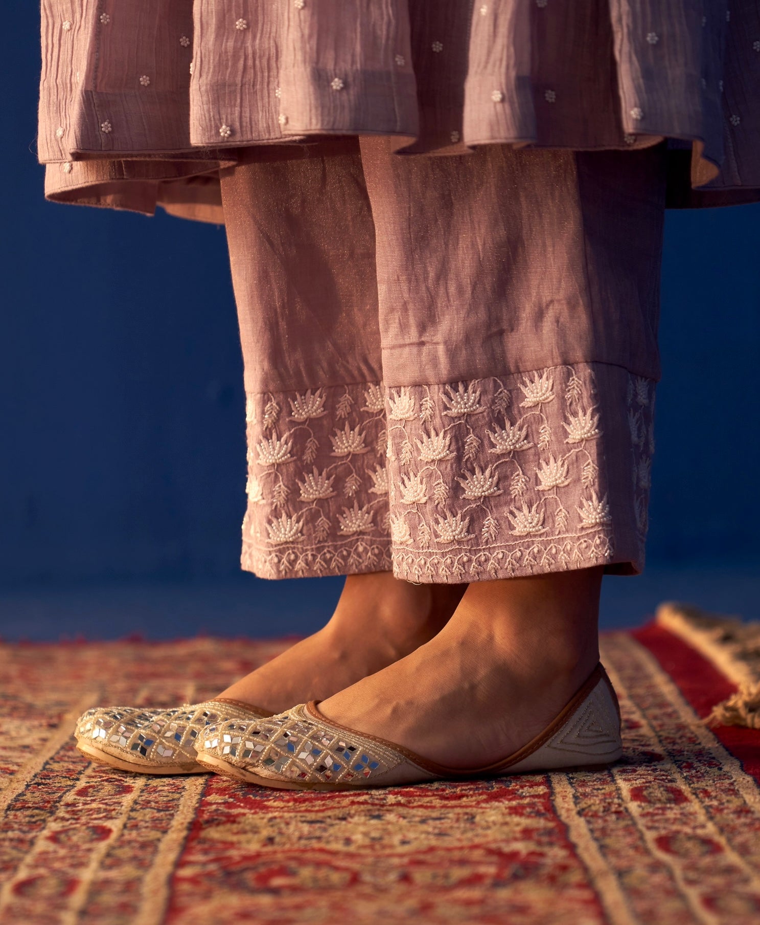 Lavender Silver Tissue Chikankari Kalidar Kurta Set