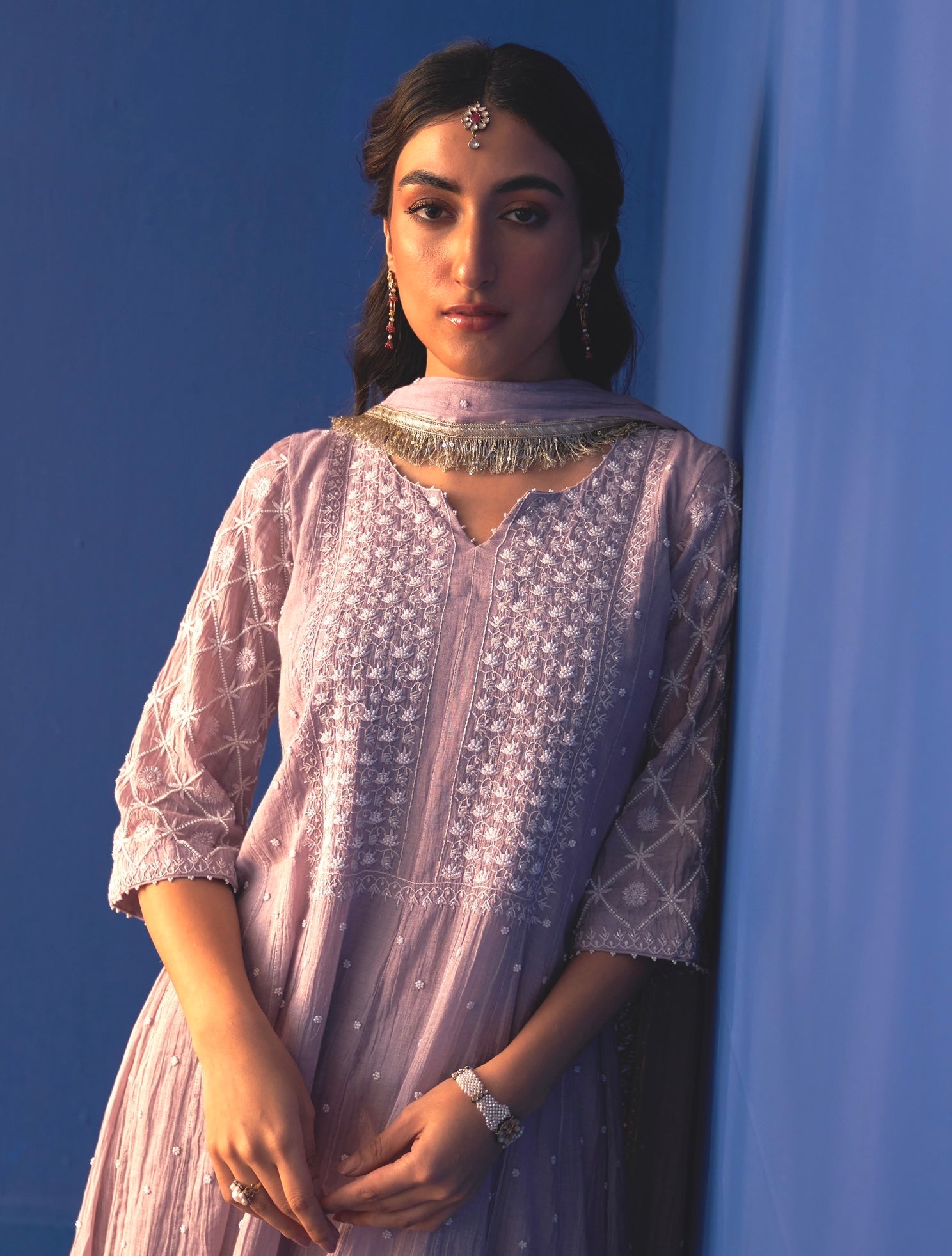 Lavender Silver Tissue Chikankari Kalidar Kurta Set