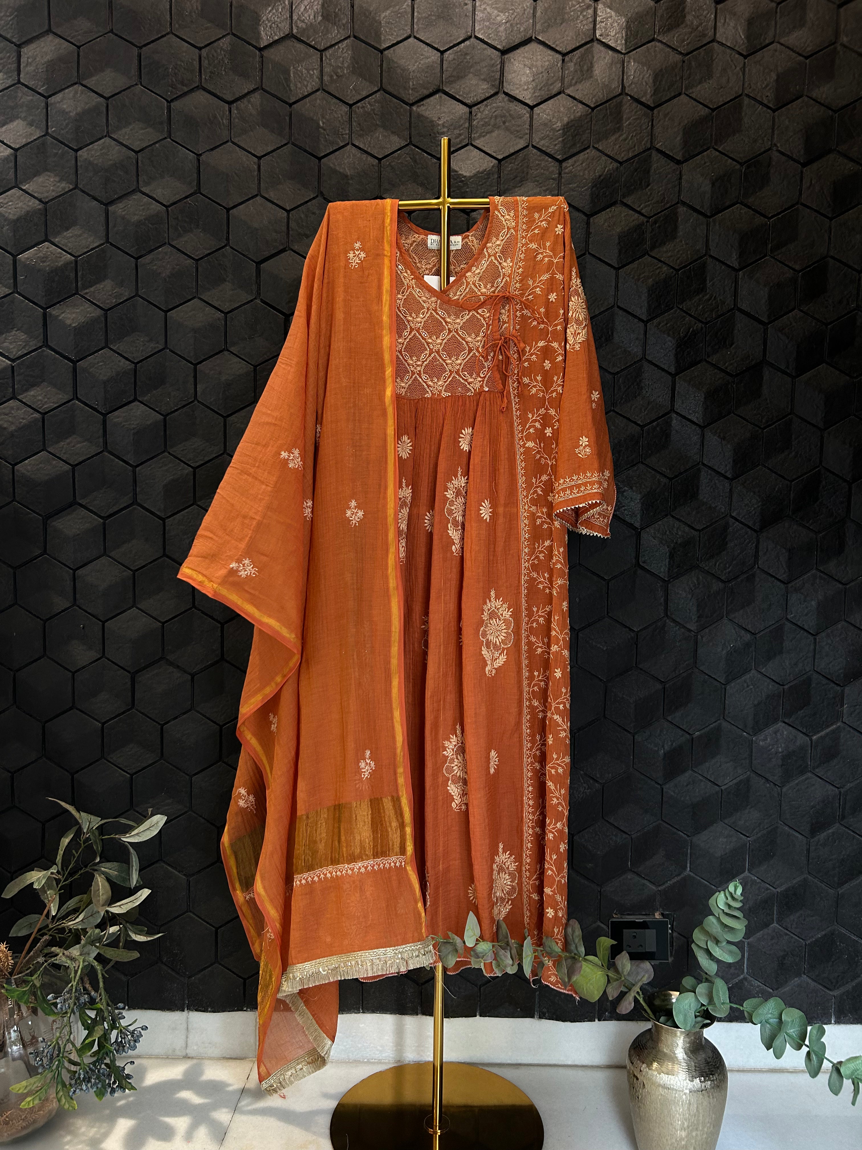 Orange Golden tissue chikankari angarkha set