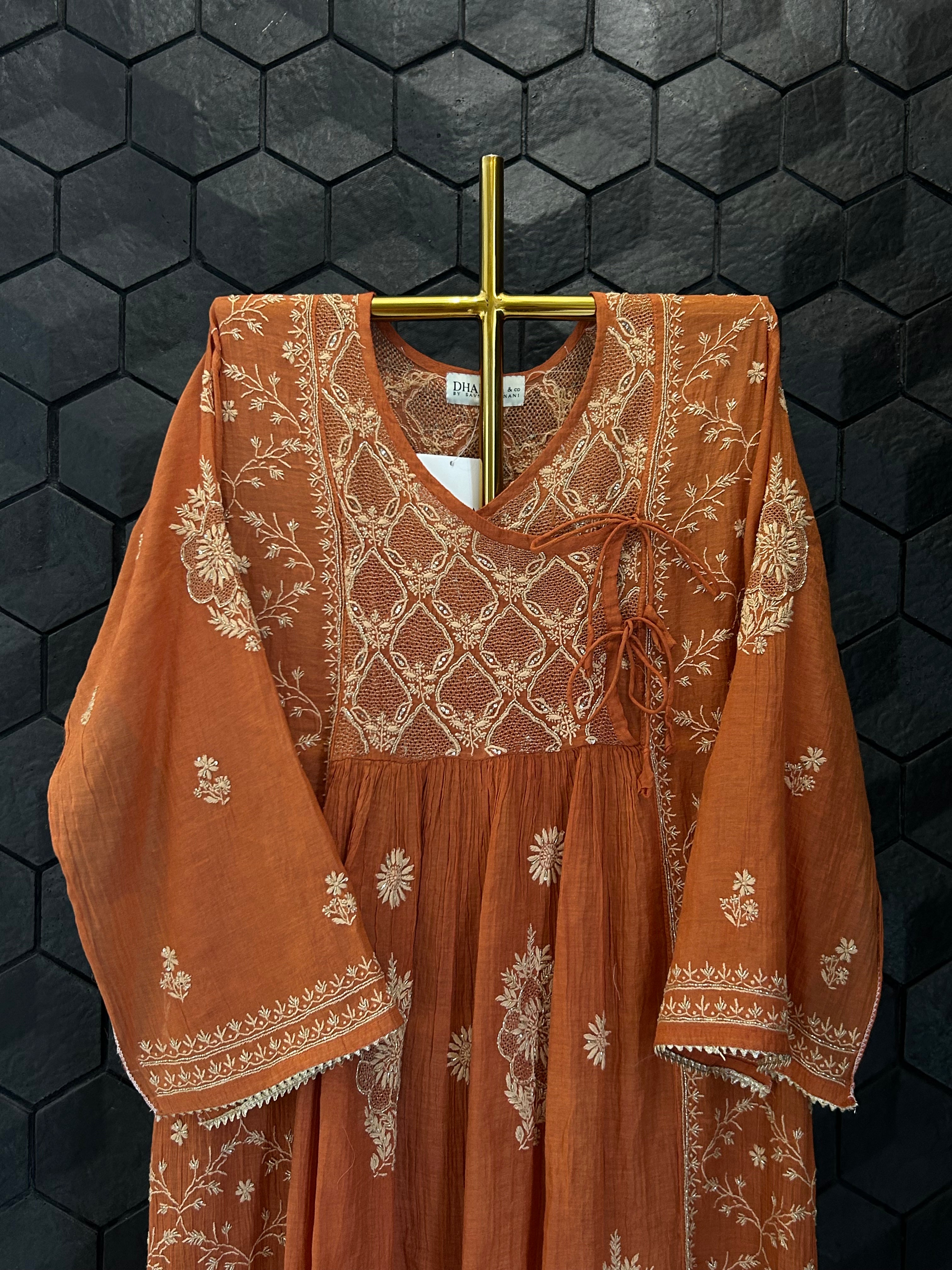 Orange Golden tissue chikankari angarkha set