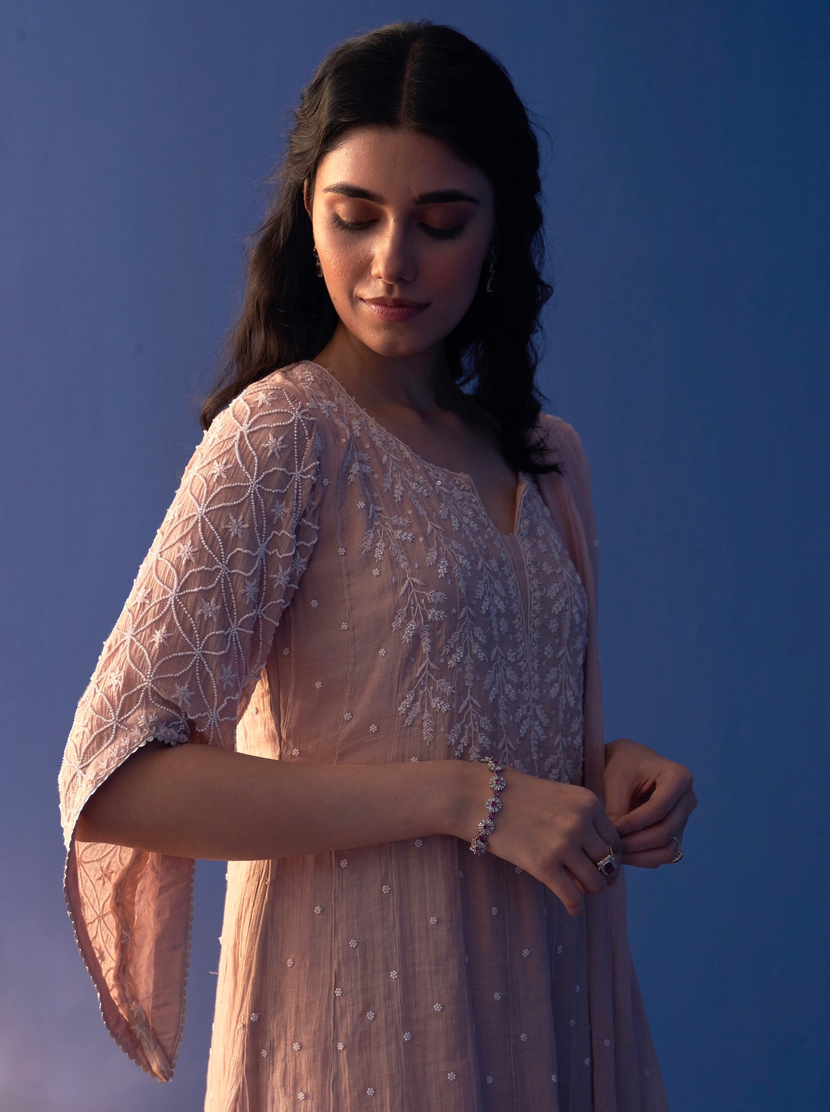 Rose Pink Tissue Chikankari Kalidar Kurta Set