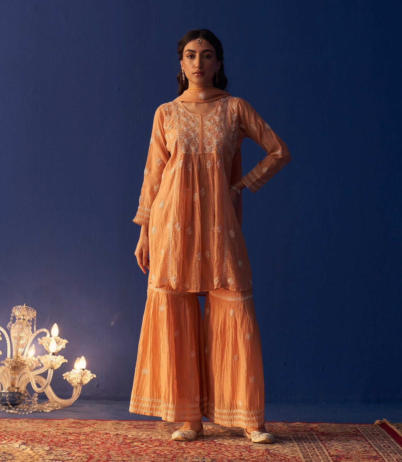 Orange Mul Chanderi Chikankari Sharara Set