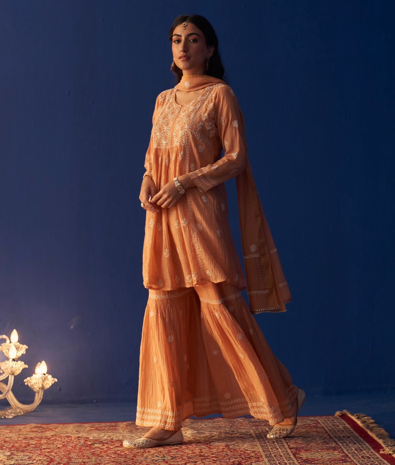 Orange Mul Chanderi Chikankari Sharara Set