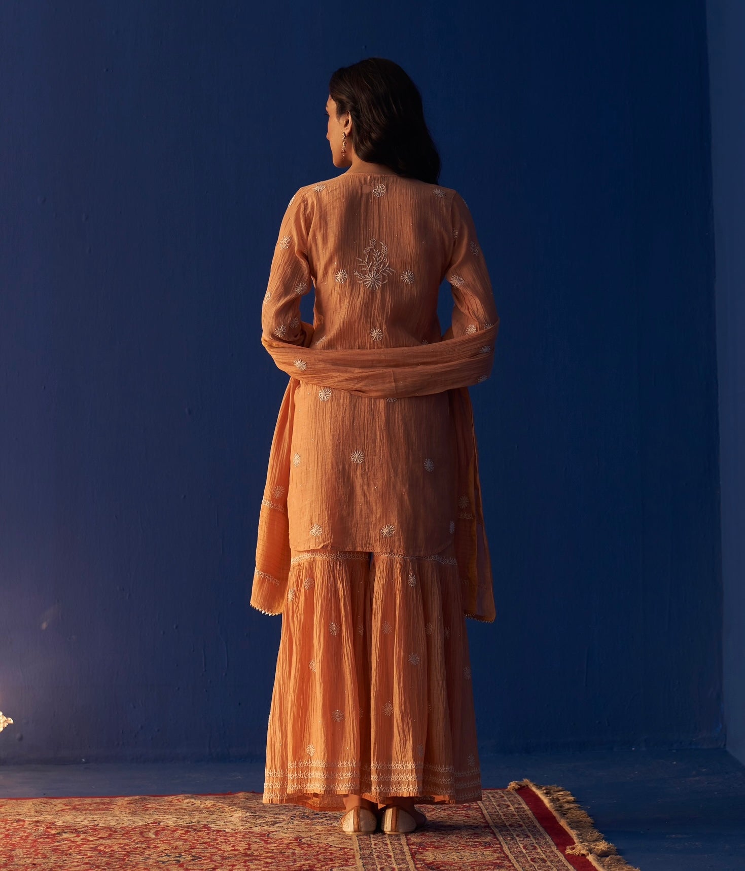 Orange Mul Chanderi Chikankari Sharara Set