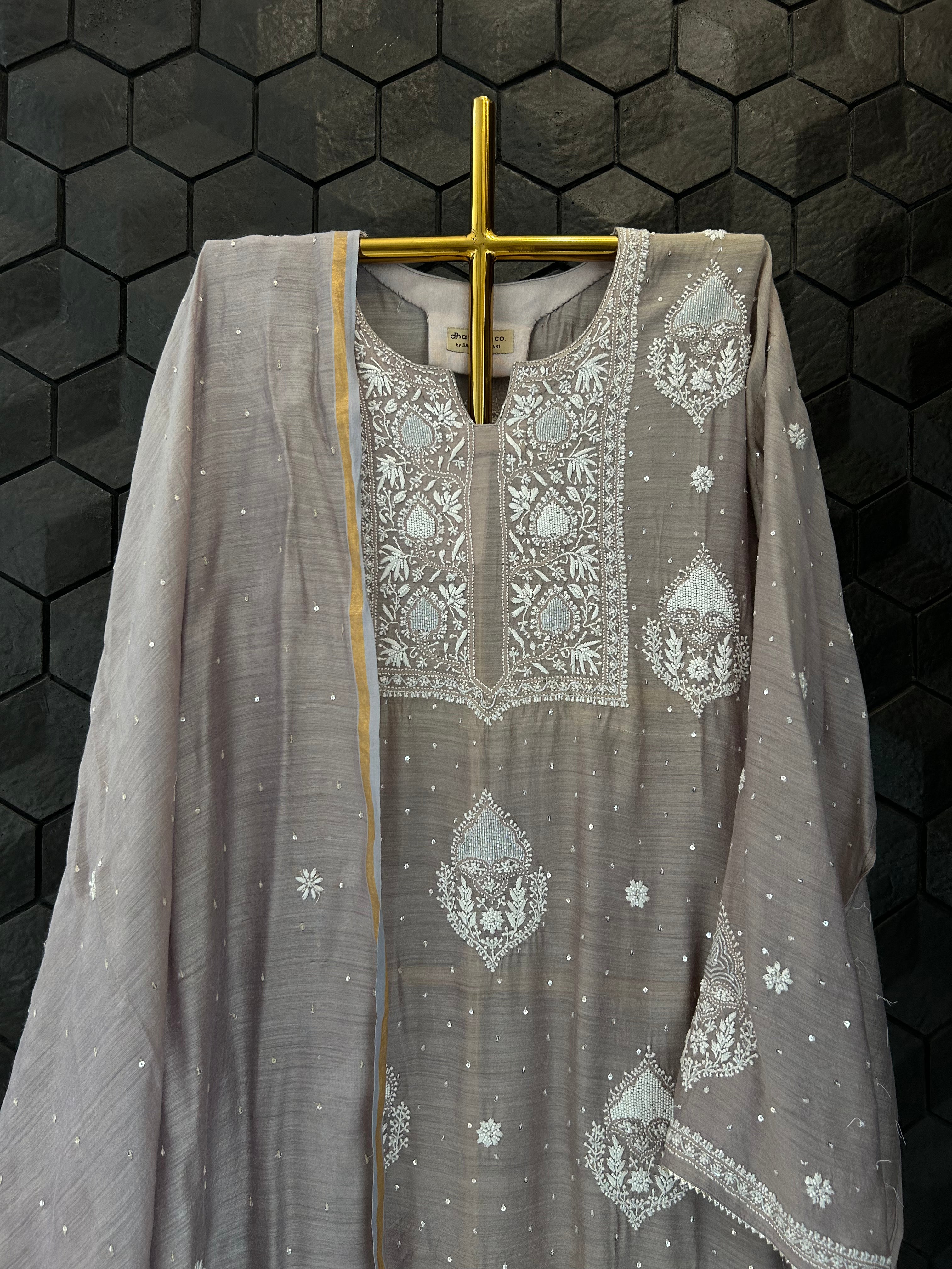 Grey chikankari munga silk suit set with dupatta