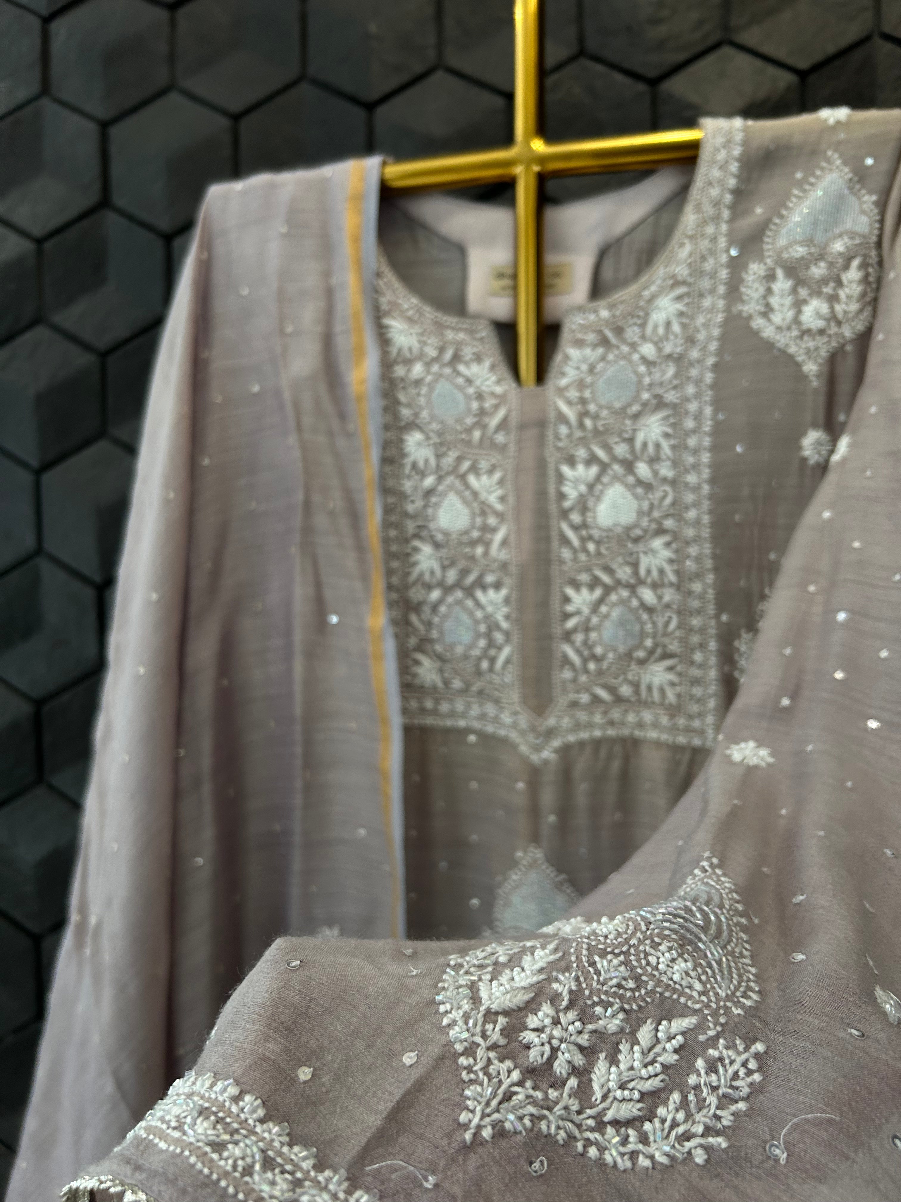 Grey chikankari munga silk suit set with dupatta