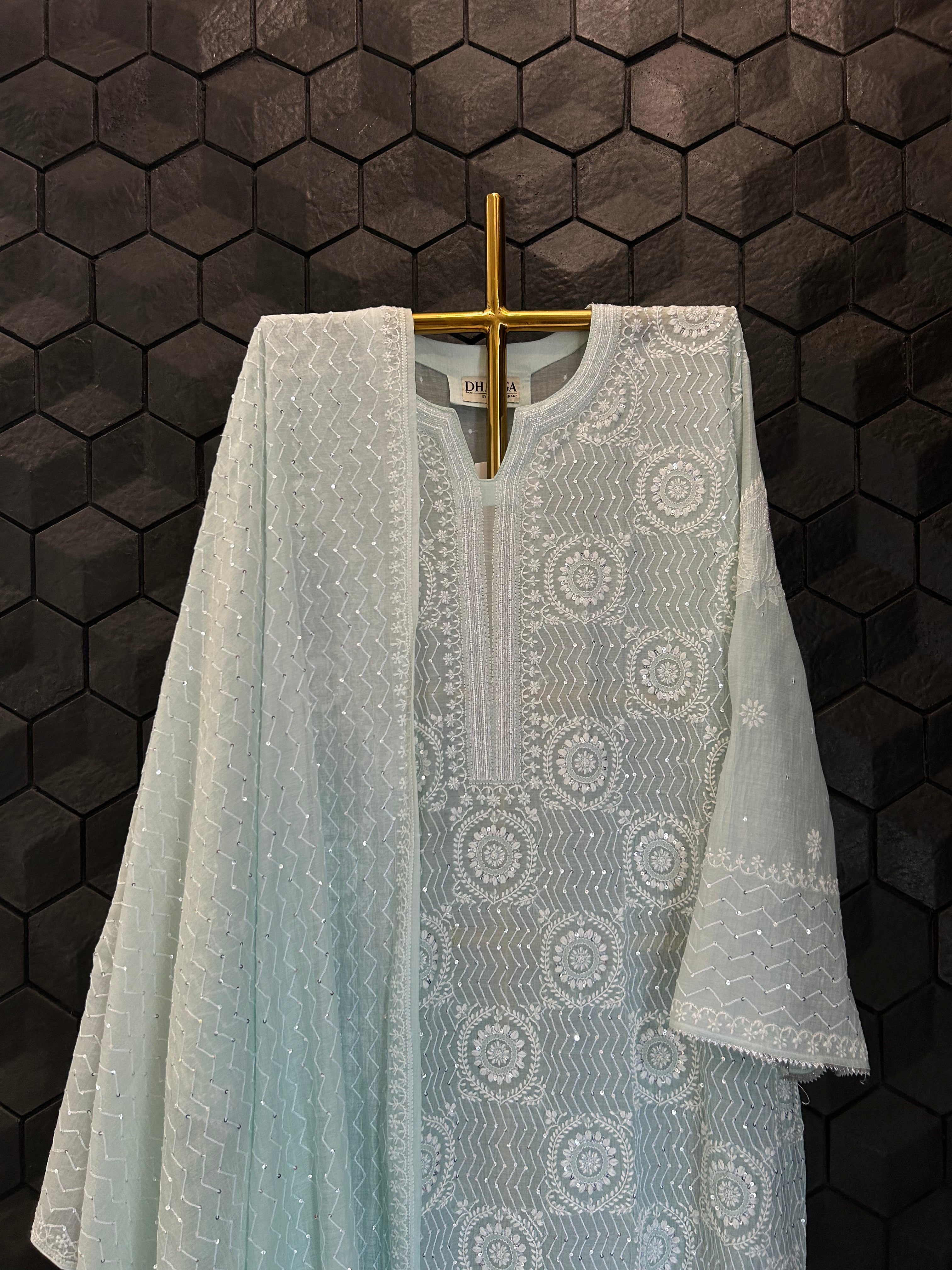 Sea Green Mul Chanderi Chikankari Kurta Set
