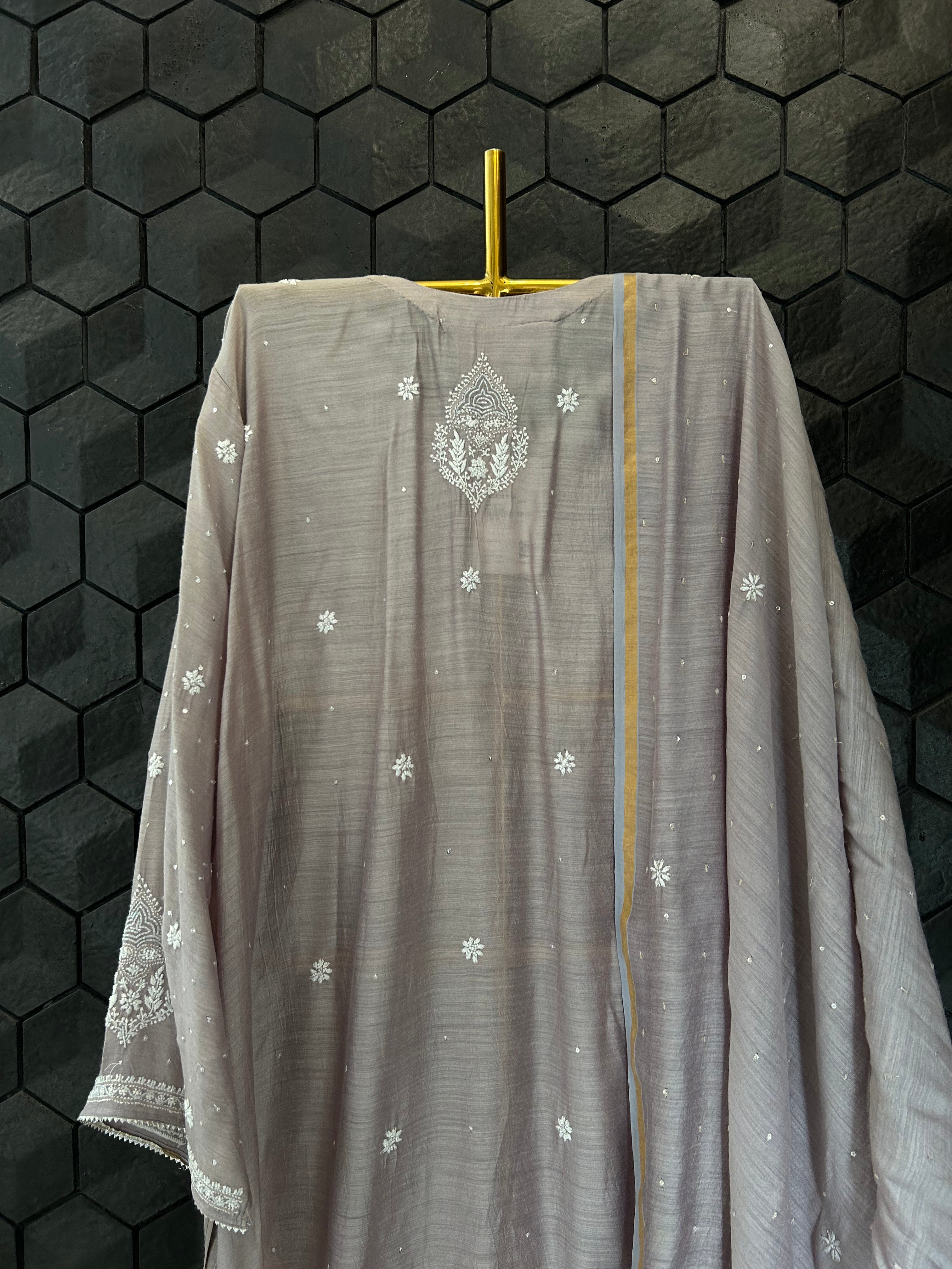 Grey chikankari munga silk suit set with dupatta