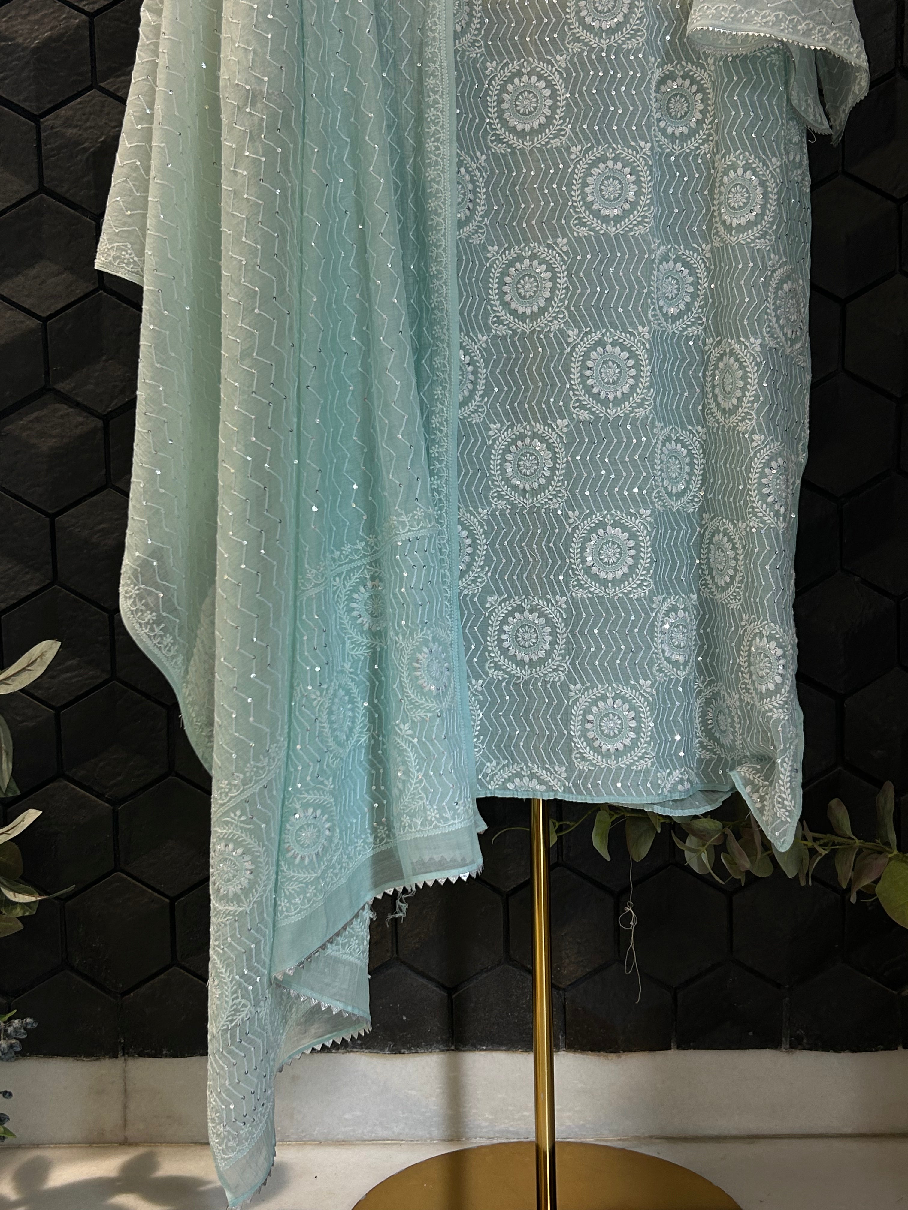 Sea Green Mul Chanderi Chikankari Kurta Set