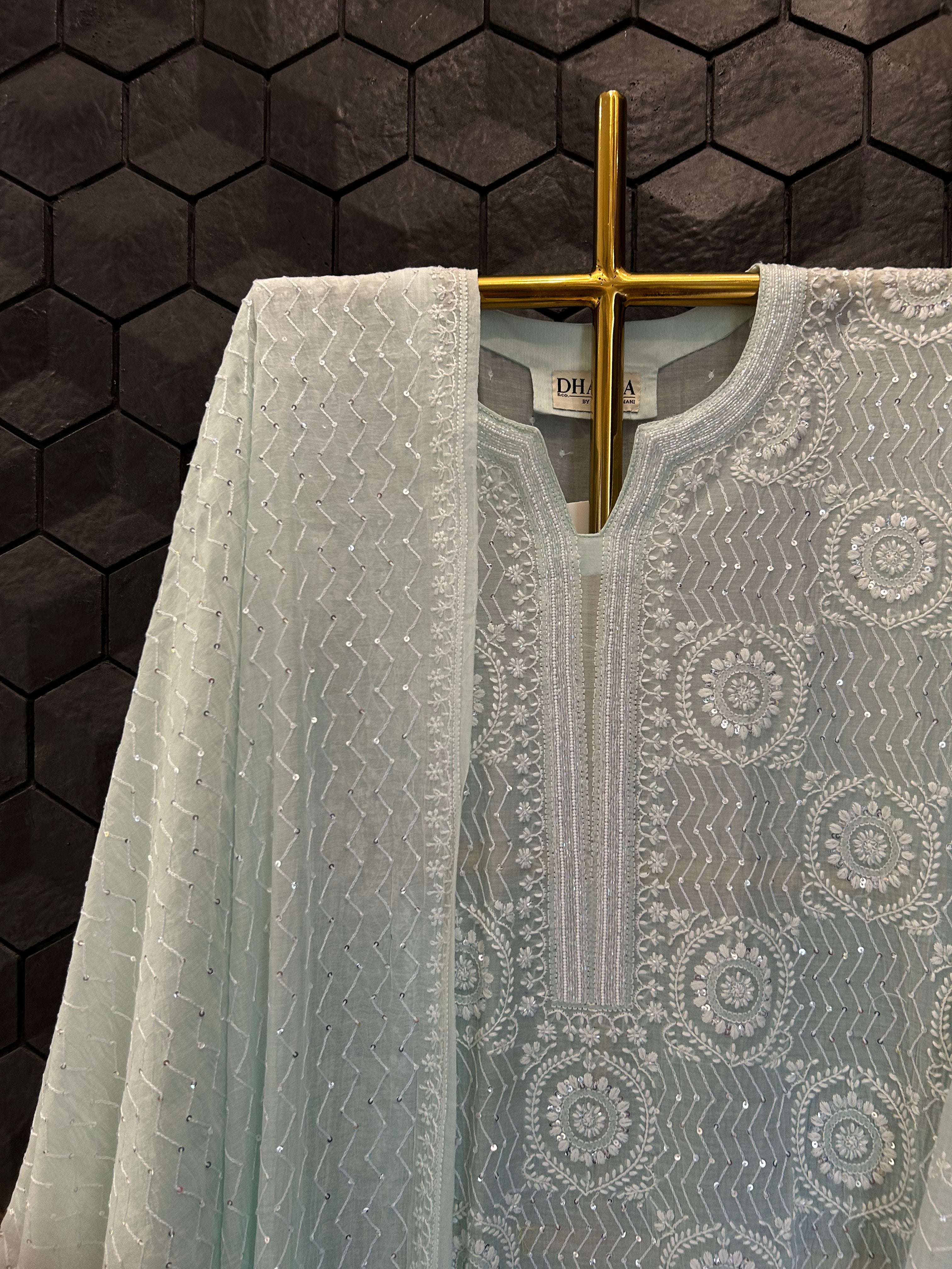 Sea Green Mul Chanderi Chikankari Kurta Set