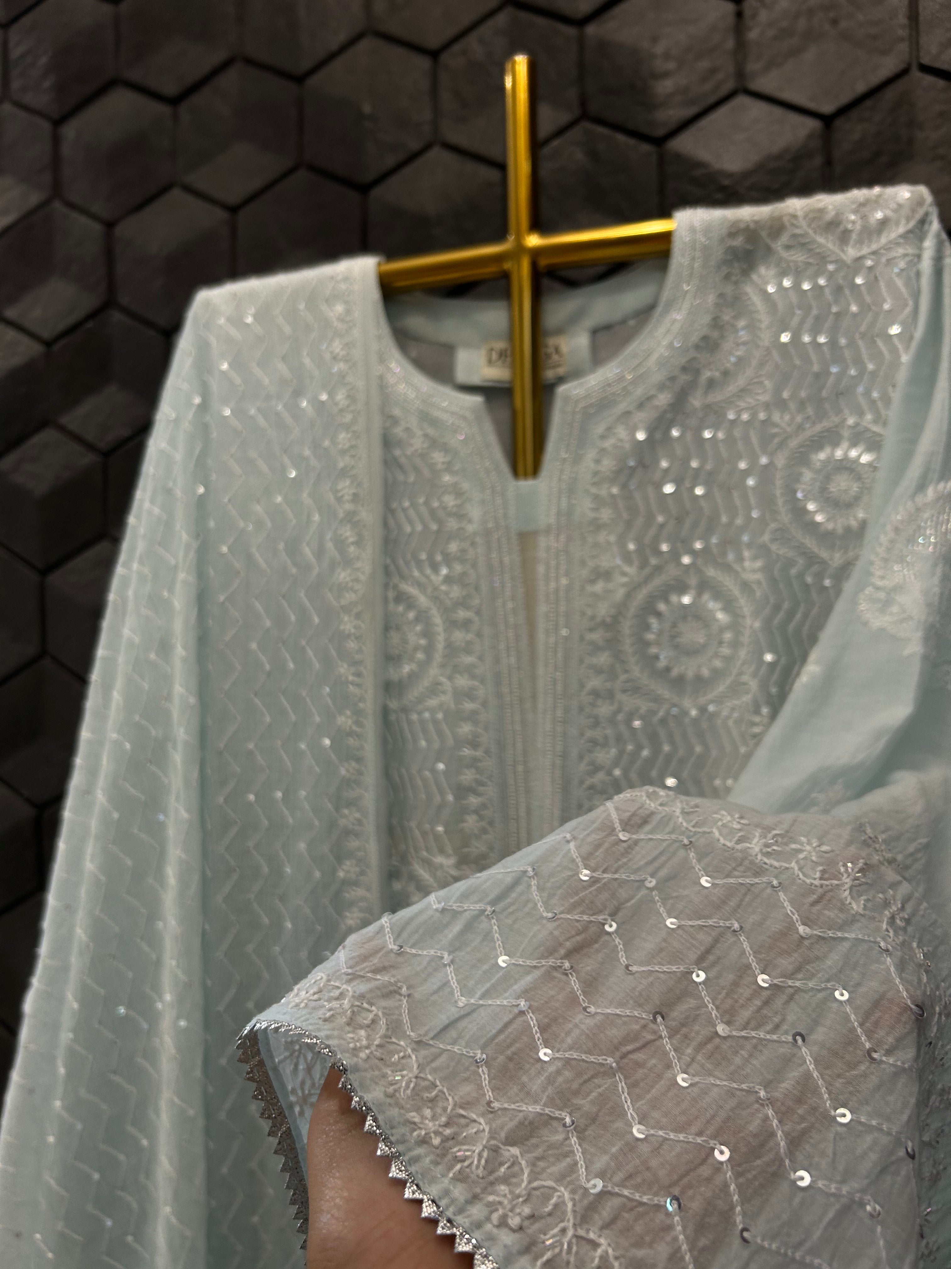 Sea Green Mul Chanderi Chikankari Kurta Set
