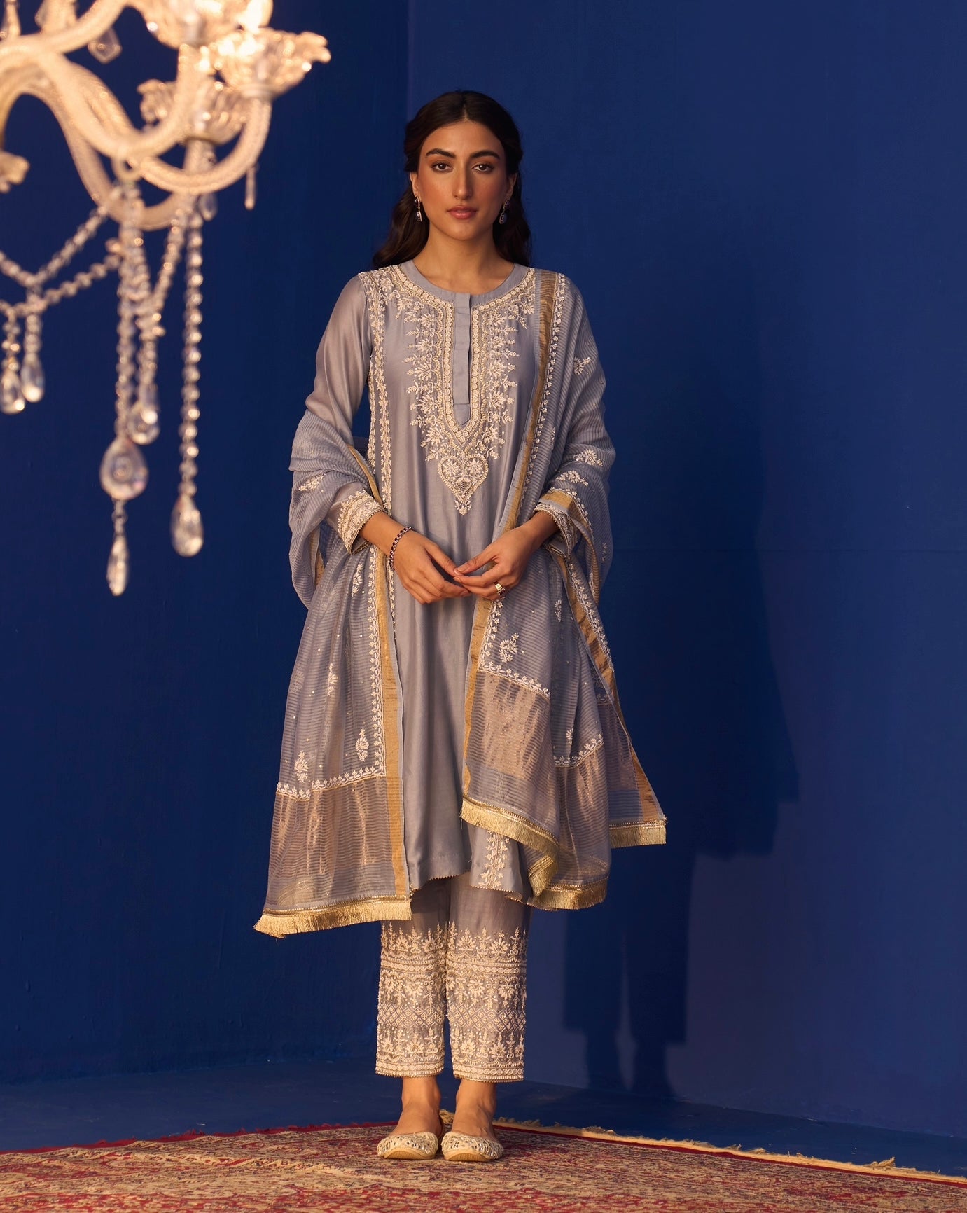 Ash Blue Chanderi Chikankari Anarkali Set