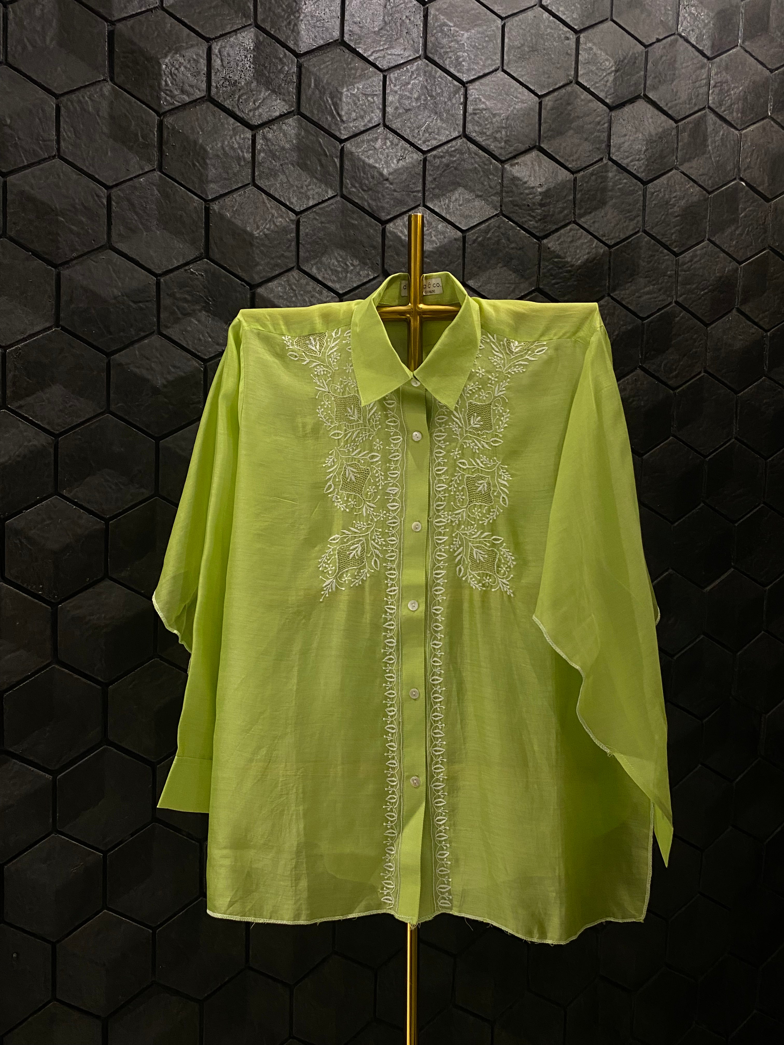 Lime Green Chanderi Chikankari Shirt