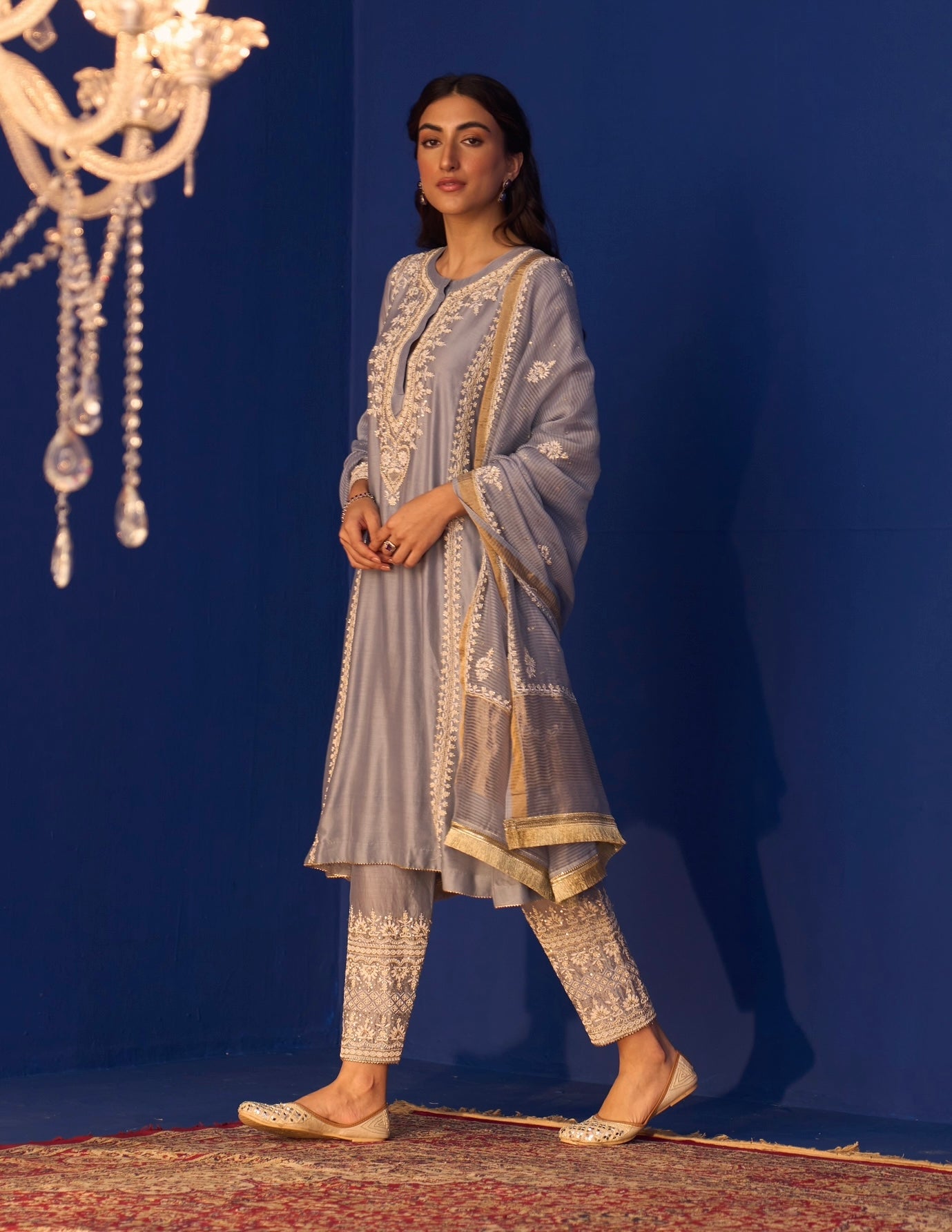 Ash Blue Chanderi Chikankari Anarkali Set