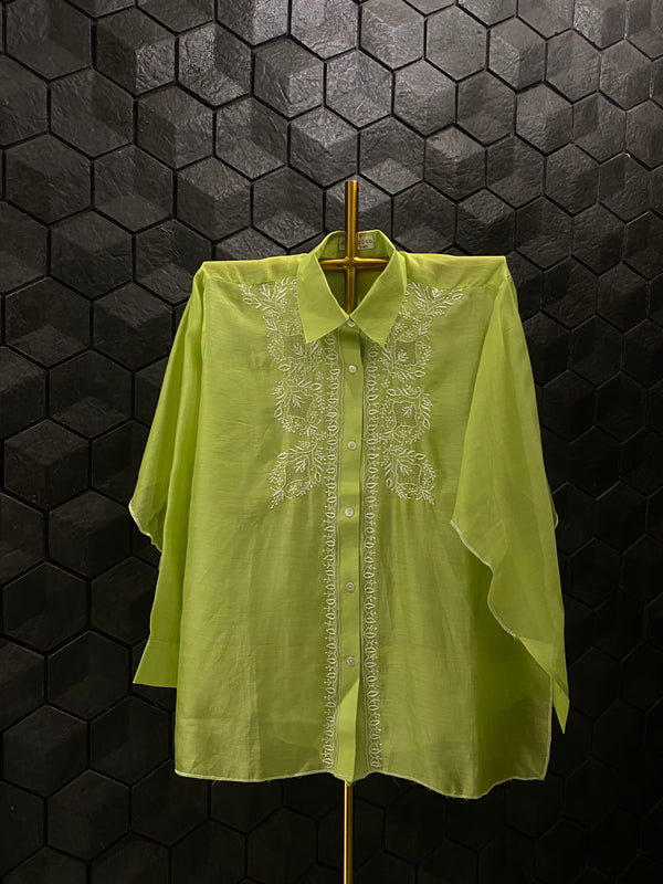 Lime Green Chanderi Chikankari Shirt