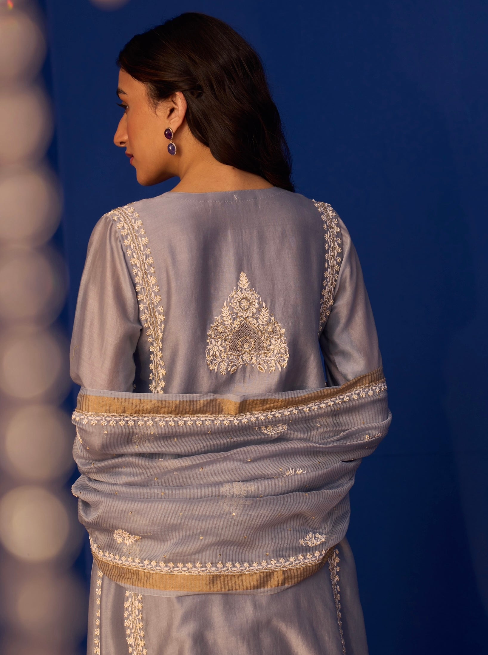 Ash Blue Chanderi Chikankari Anarkali Set