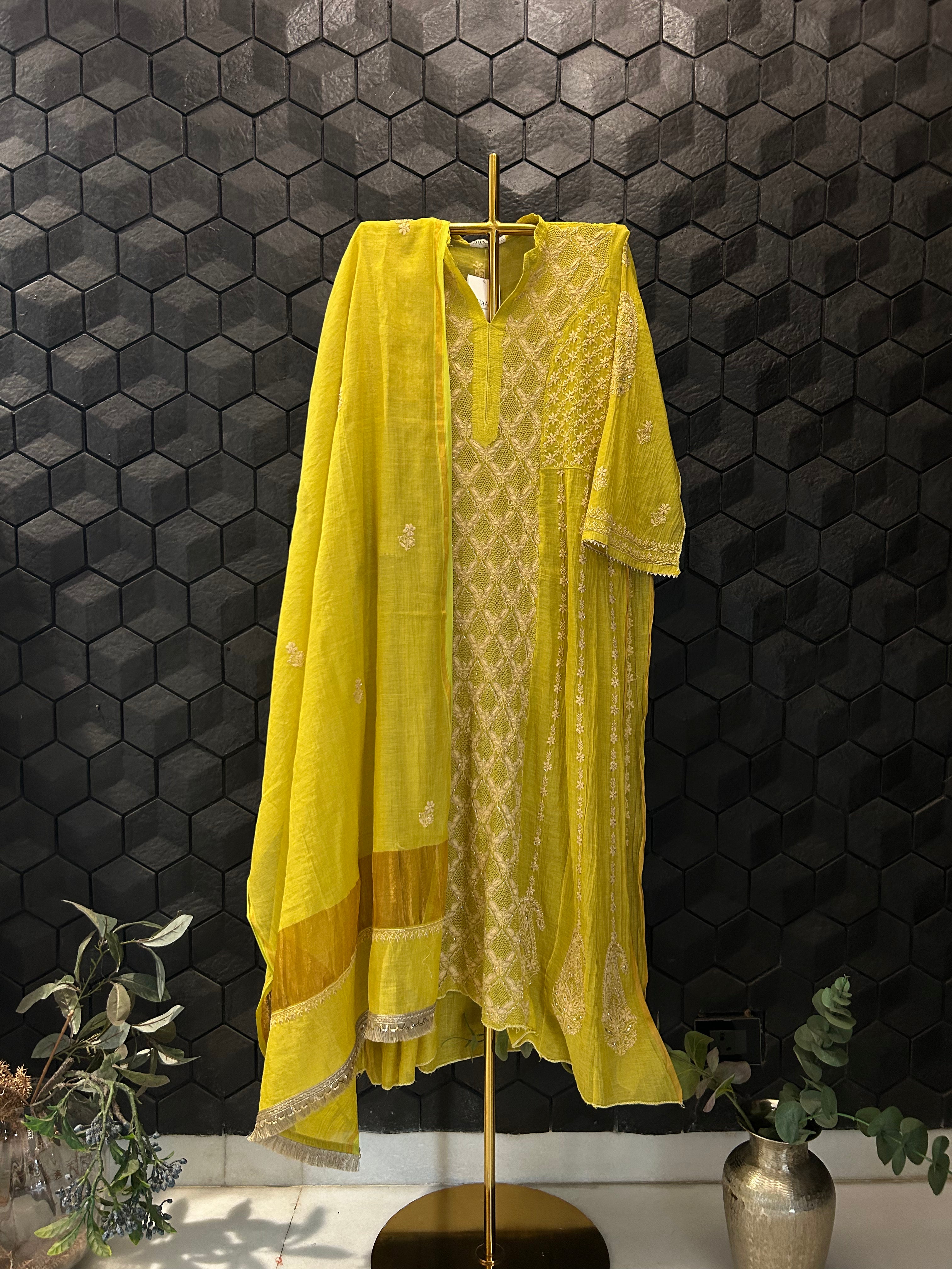 Lime Green Golden Tissue Chikankari Kurta Set
