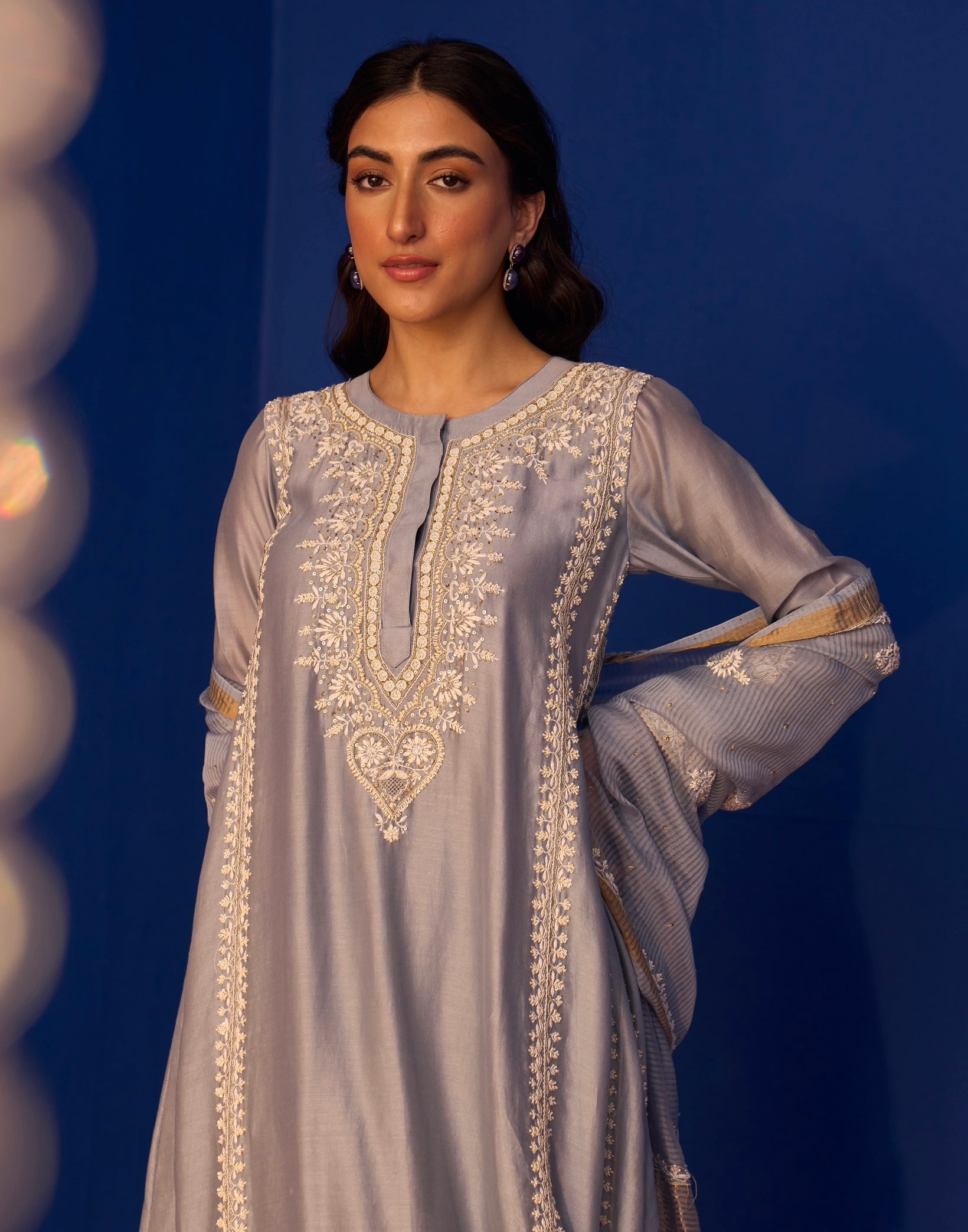 Ash Blue Chanderi Chikankari Anarkali Set