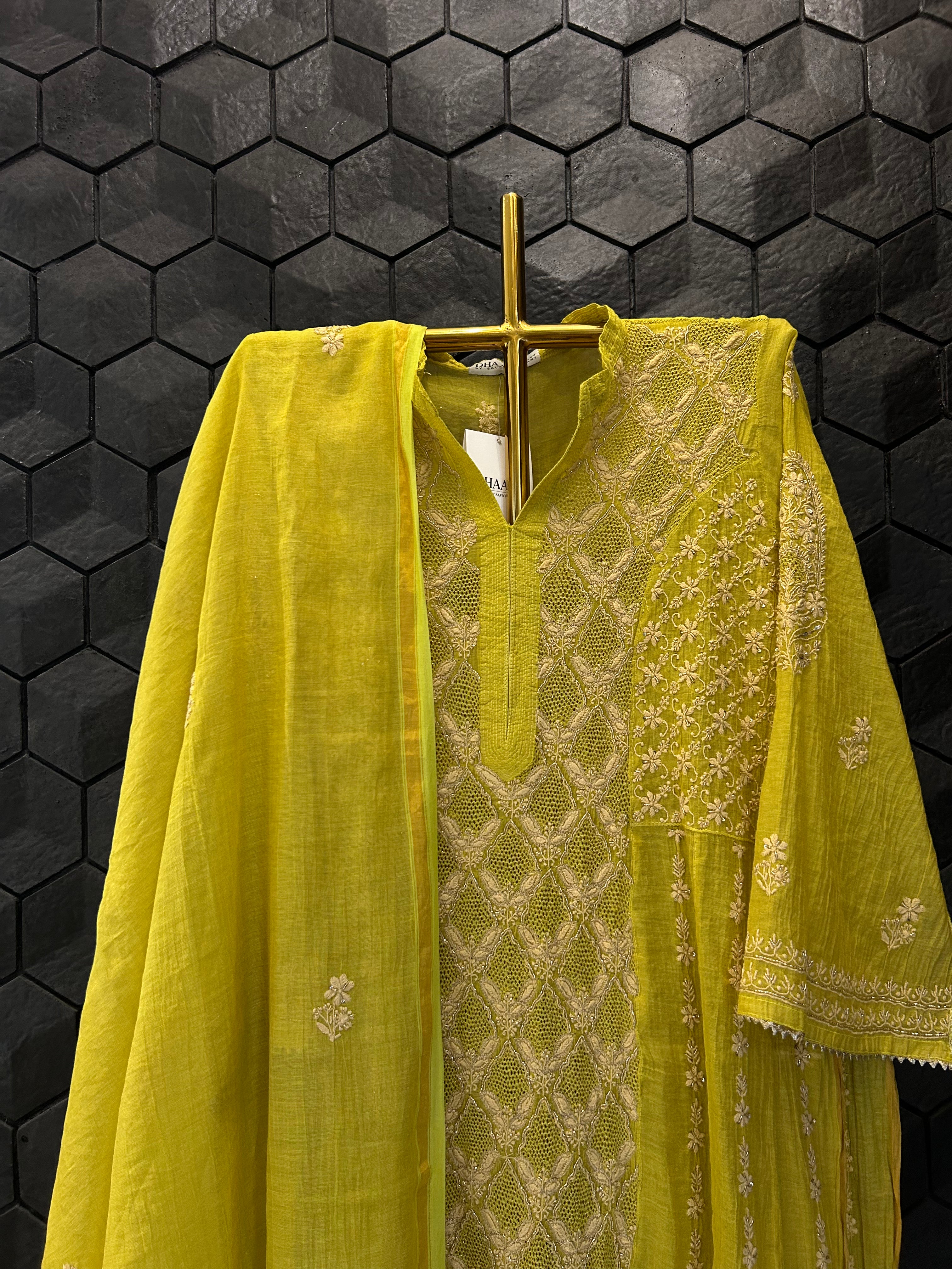 Lime Green Golden Tissue Chikankari Kurta Set