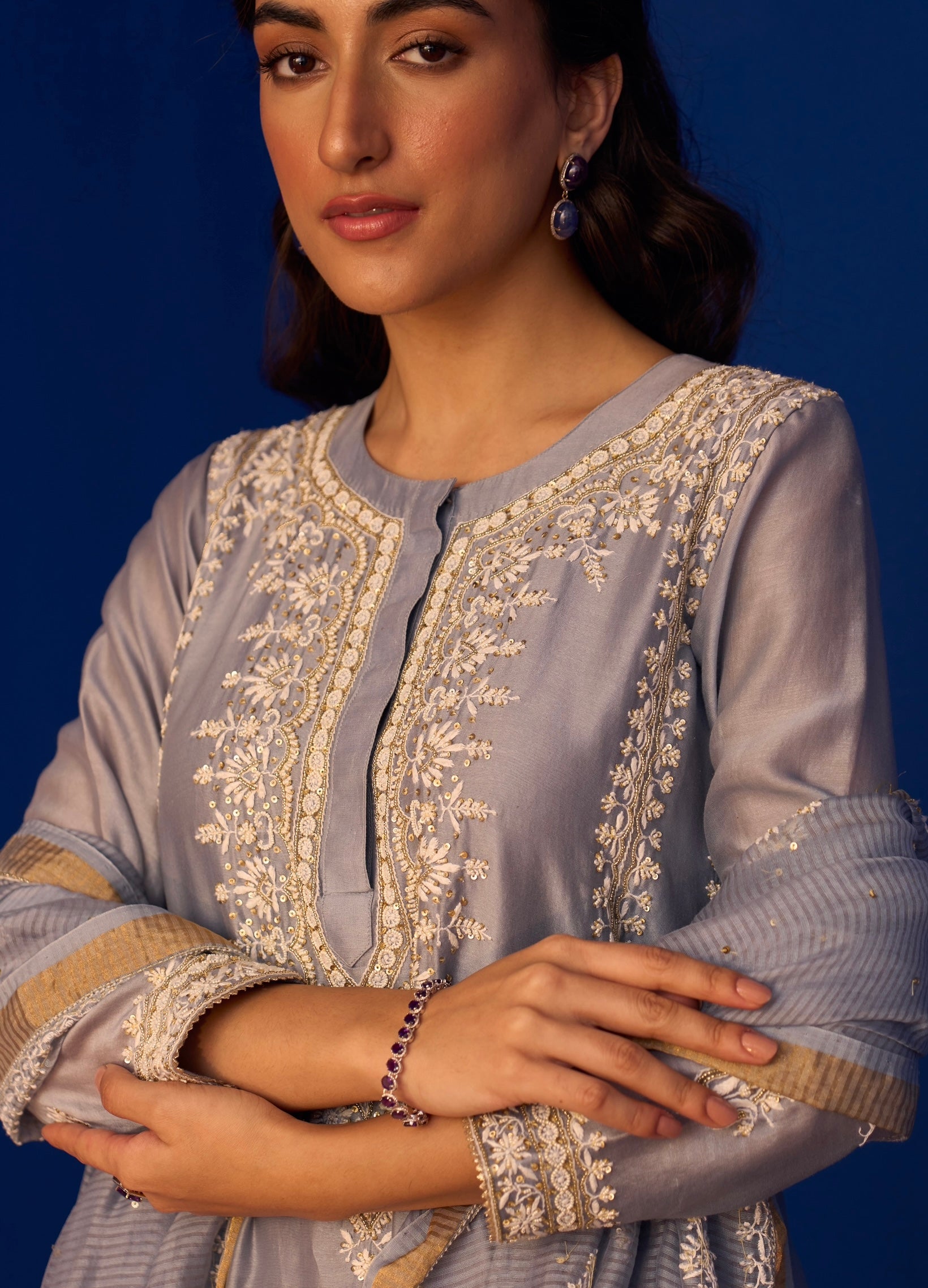 Ash Blue Chanderi Chikankari Anarkali Set