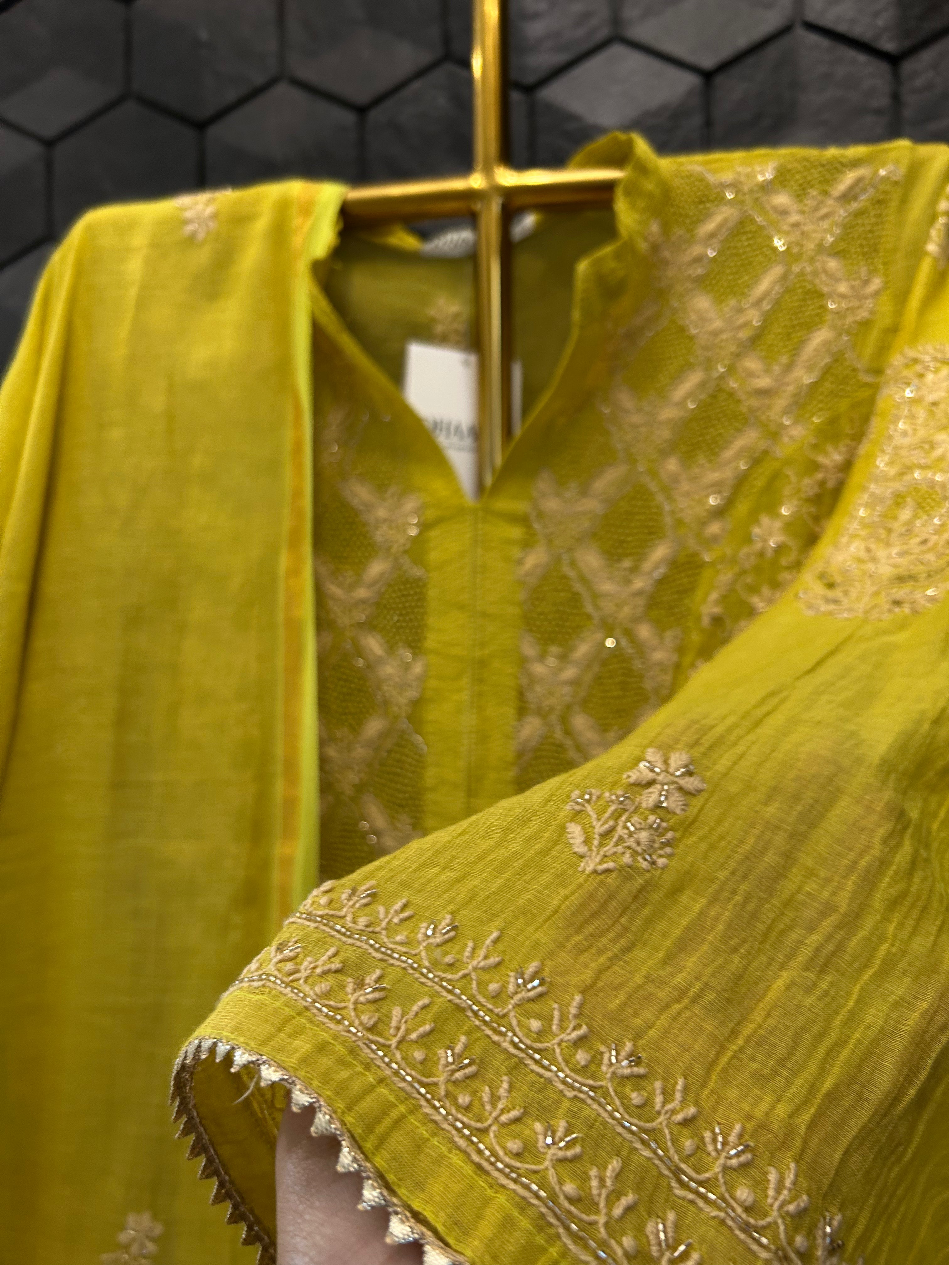 Lime Green Golden Tissue Chikankari Kurta Set
