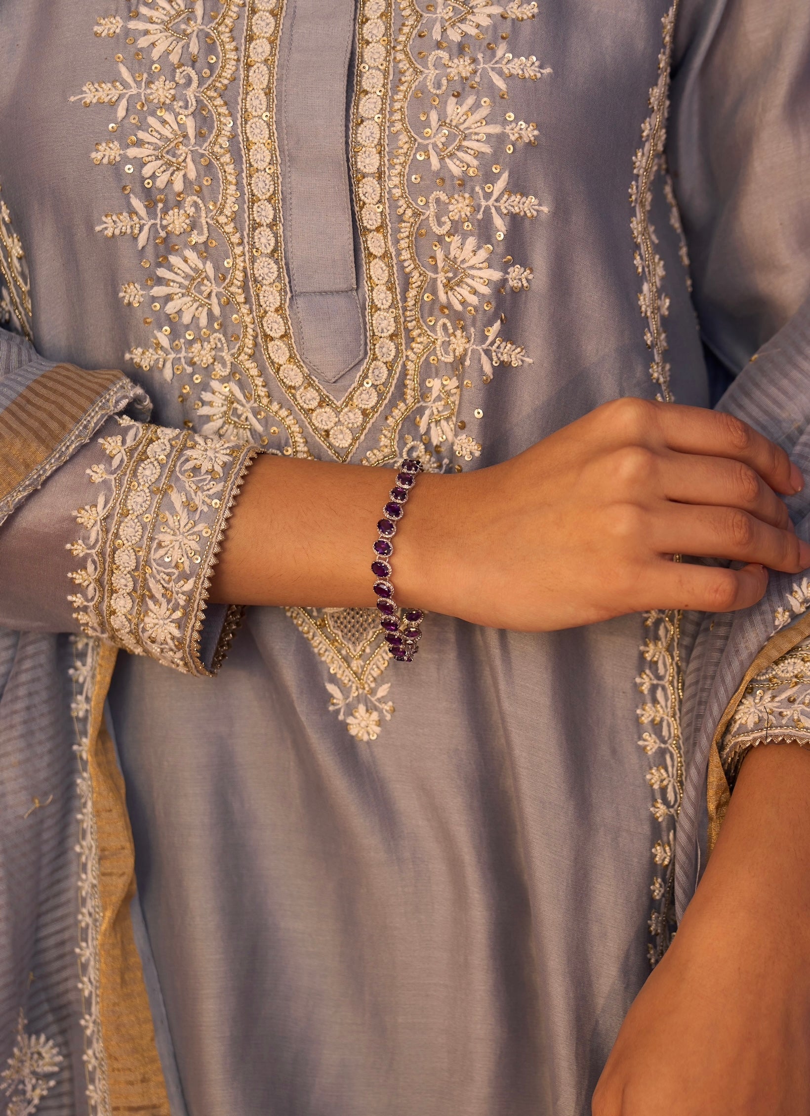 Ash Blue Chanderi Chikankari Anarkali Set