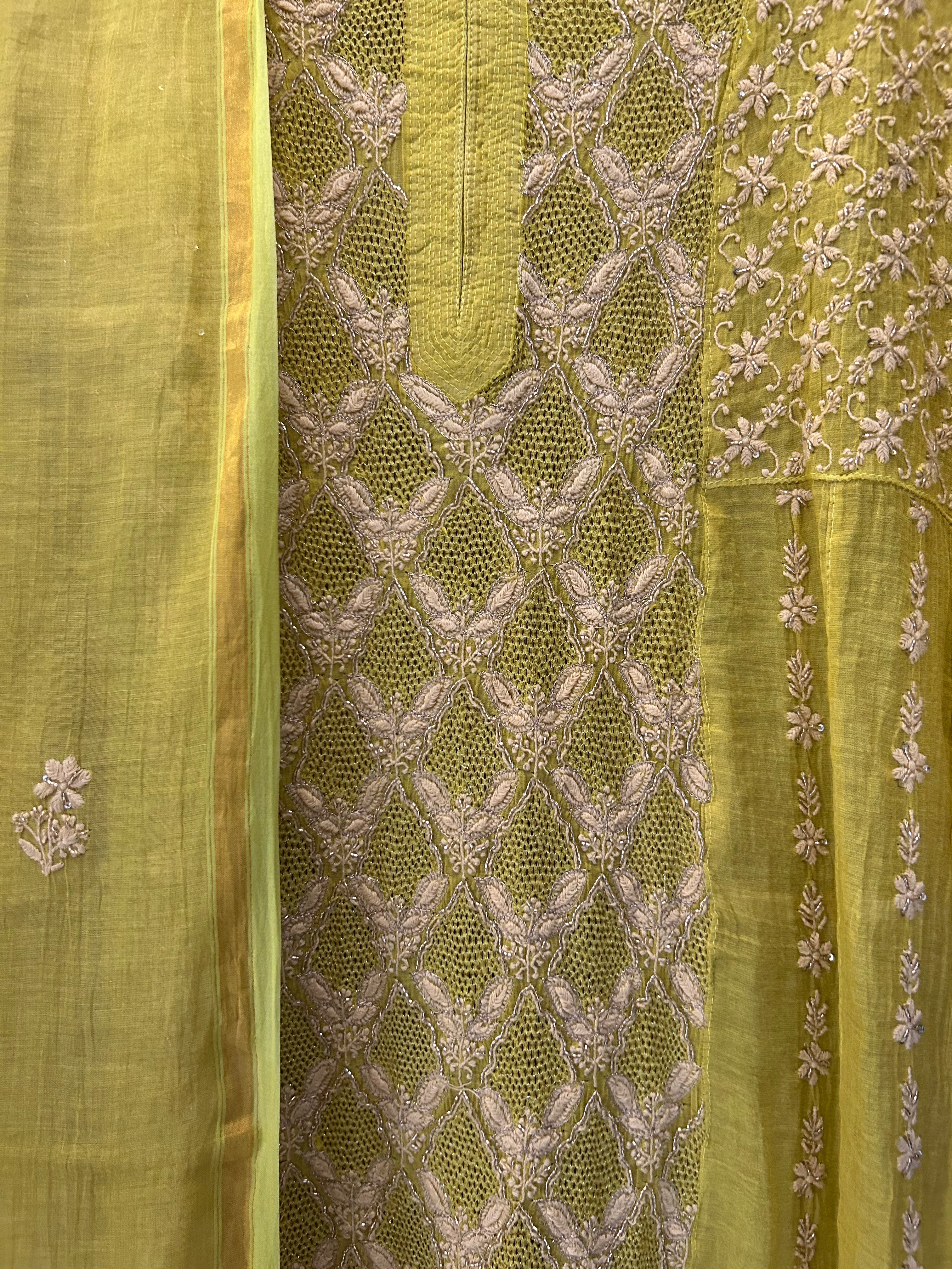 Lime Green Golden Tissue Chikankari Kurta Set
