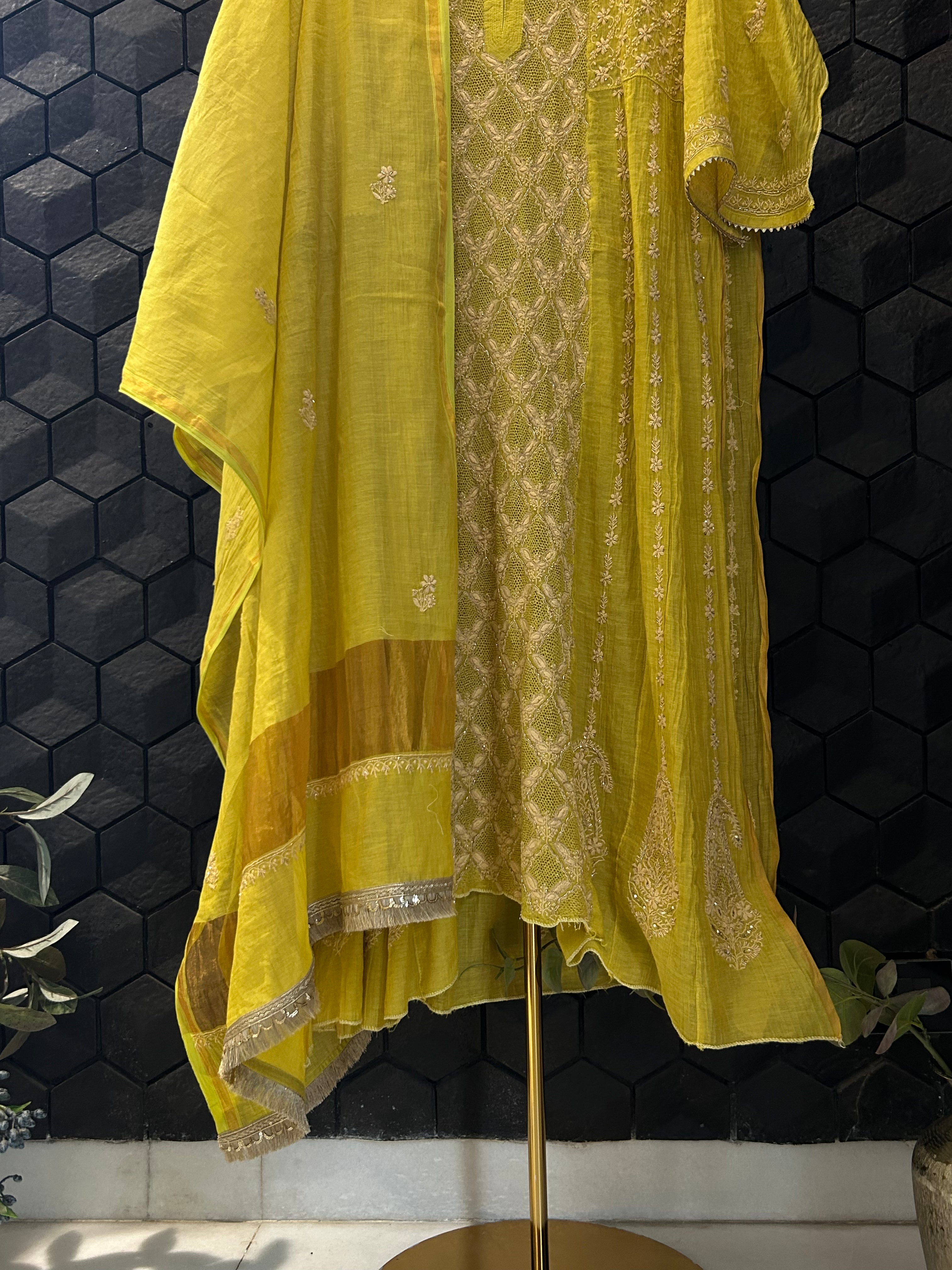 Lime Green Golden Tissue Chikankari Kurta Set