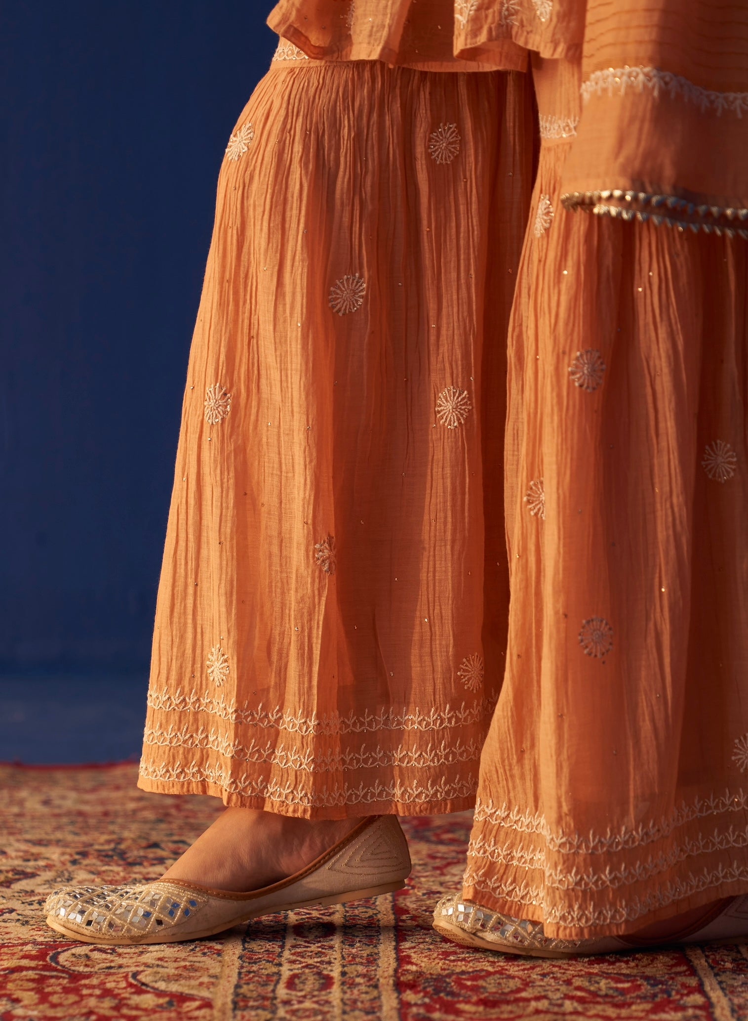 Orange Mul Chanderi Chikankari Sharara Set