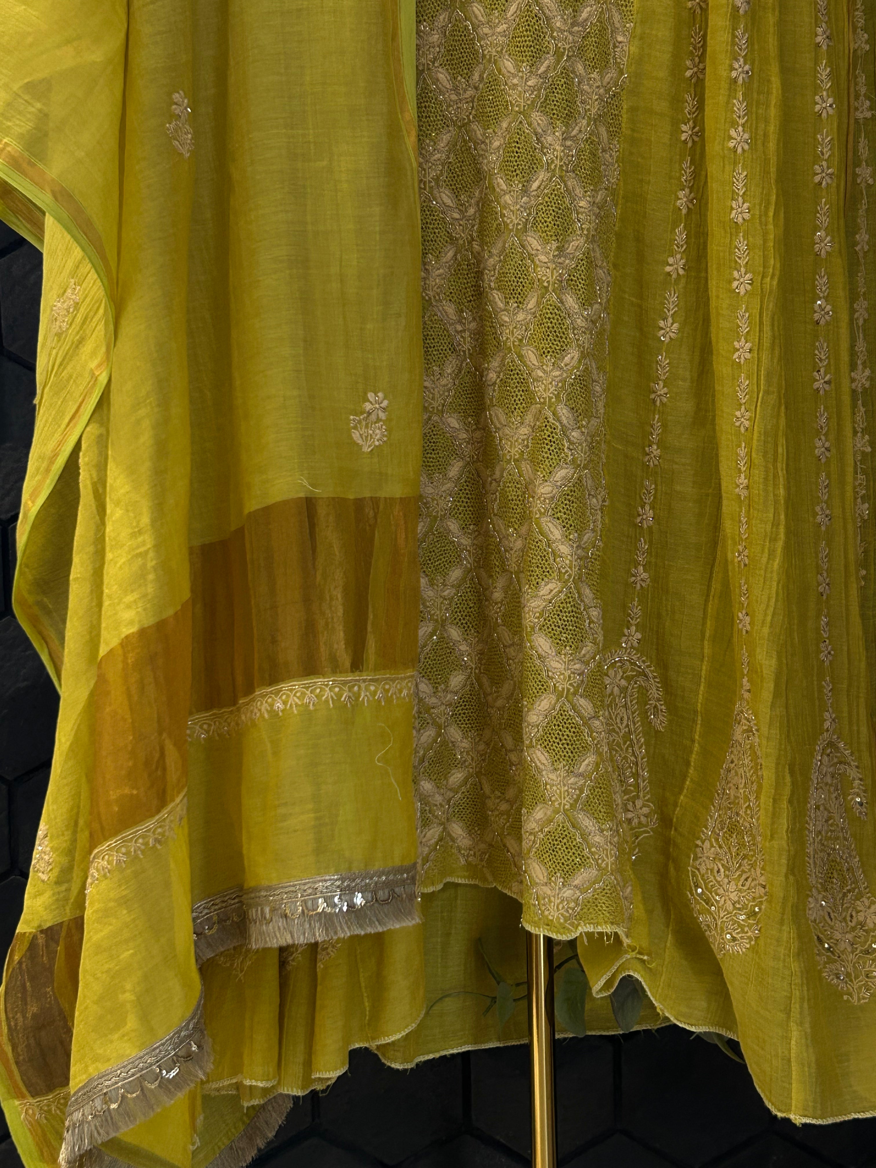 Lime Green Golden Tissue Chikankari Kurta Set