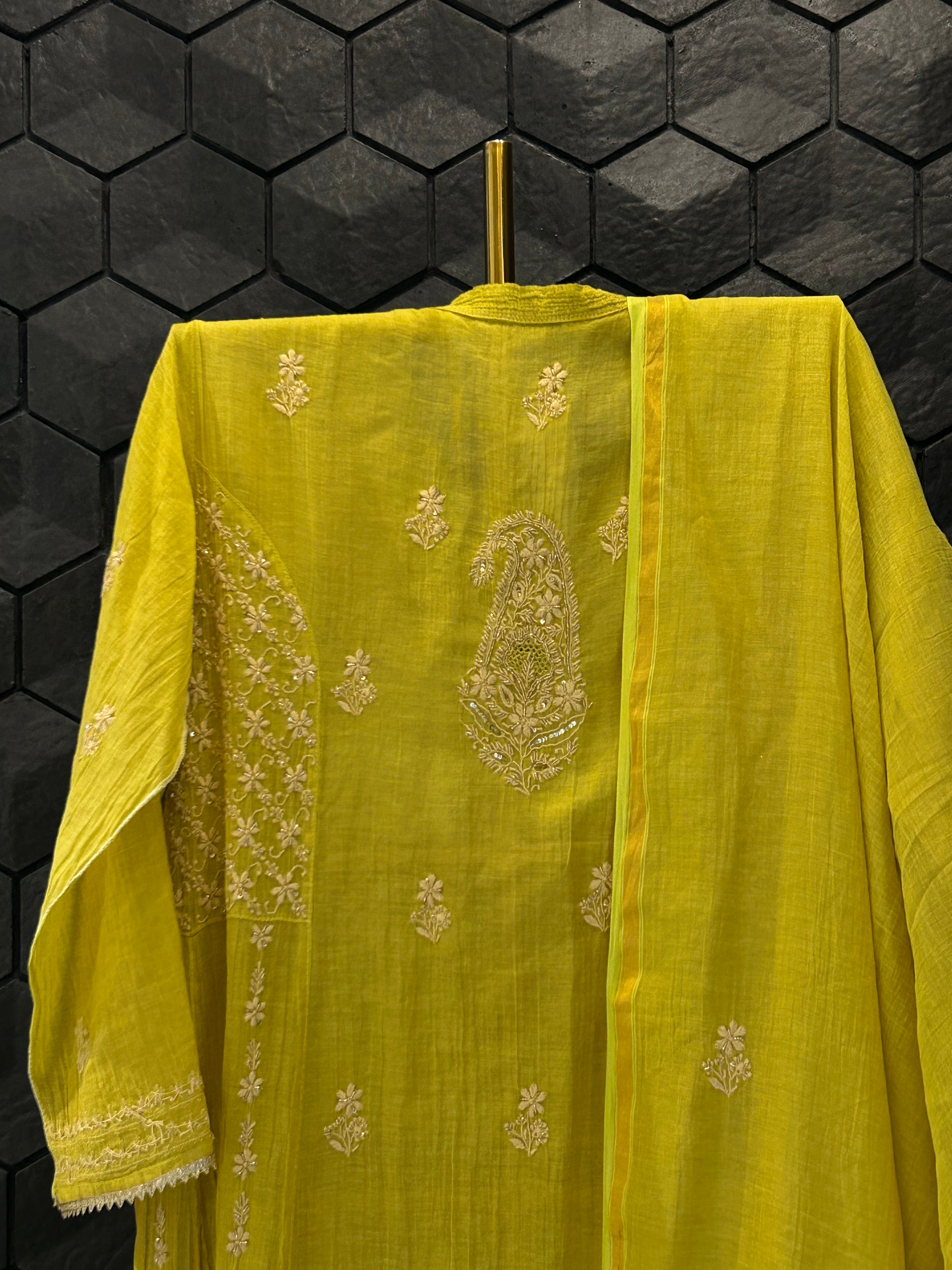 Lime Green Golden Tissue Chikankari Kurta Set