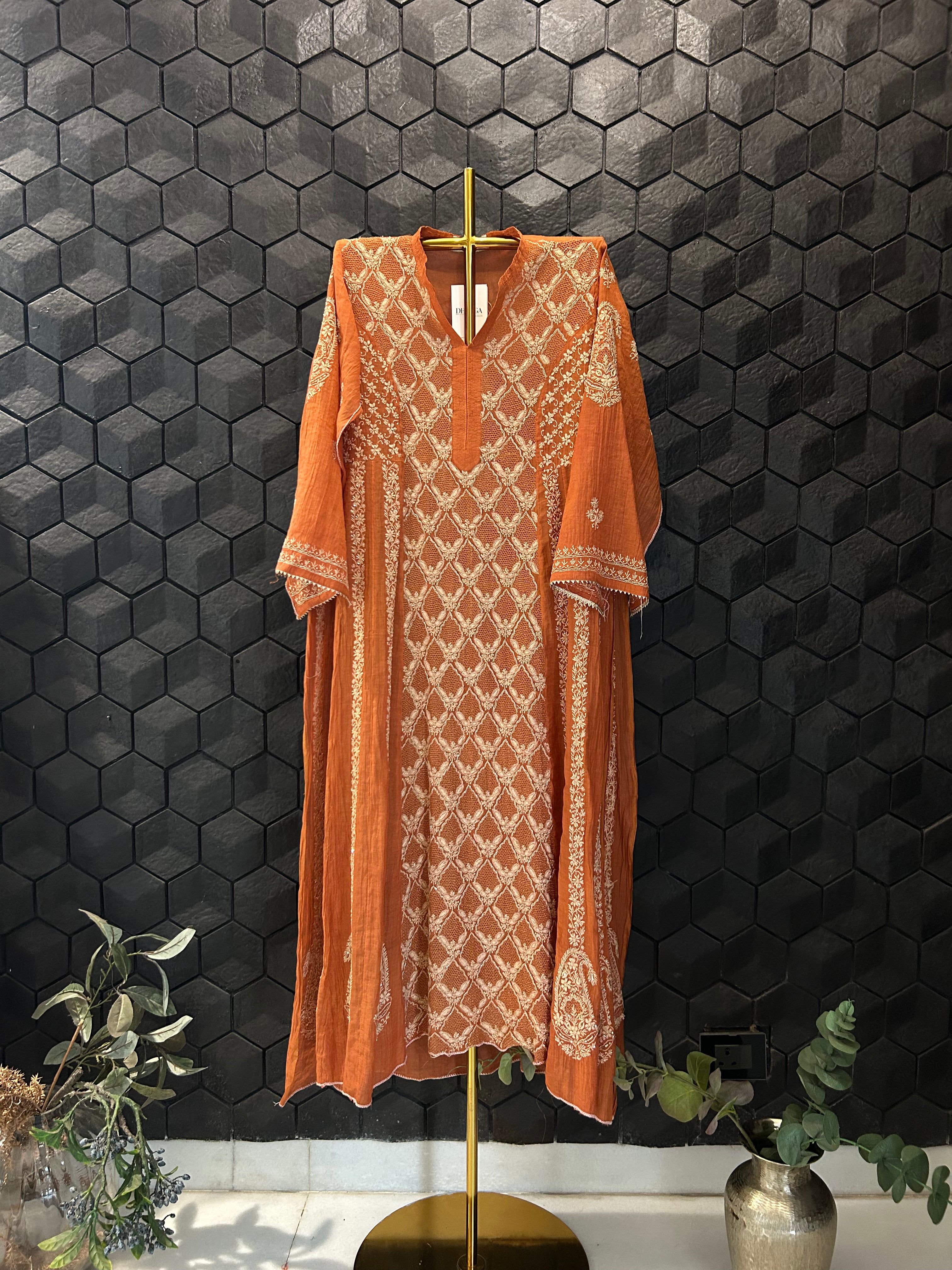 Orange Golden Tissue Chikankari Anarkali Set