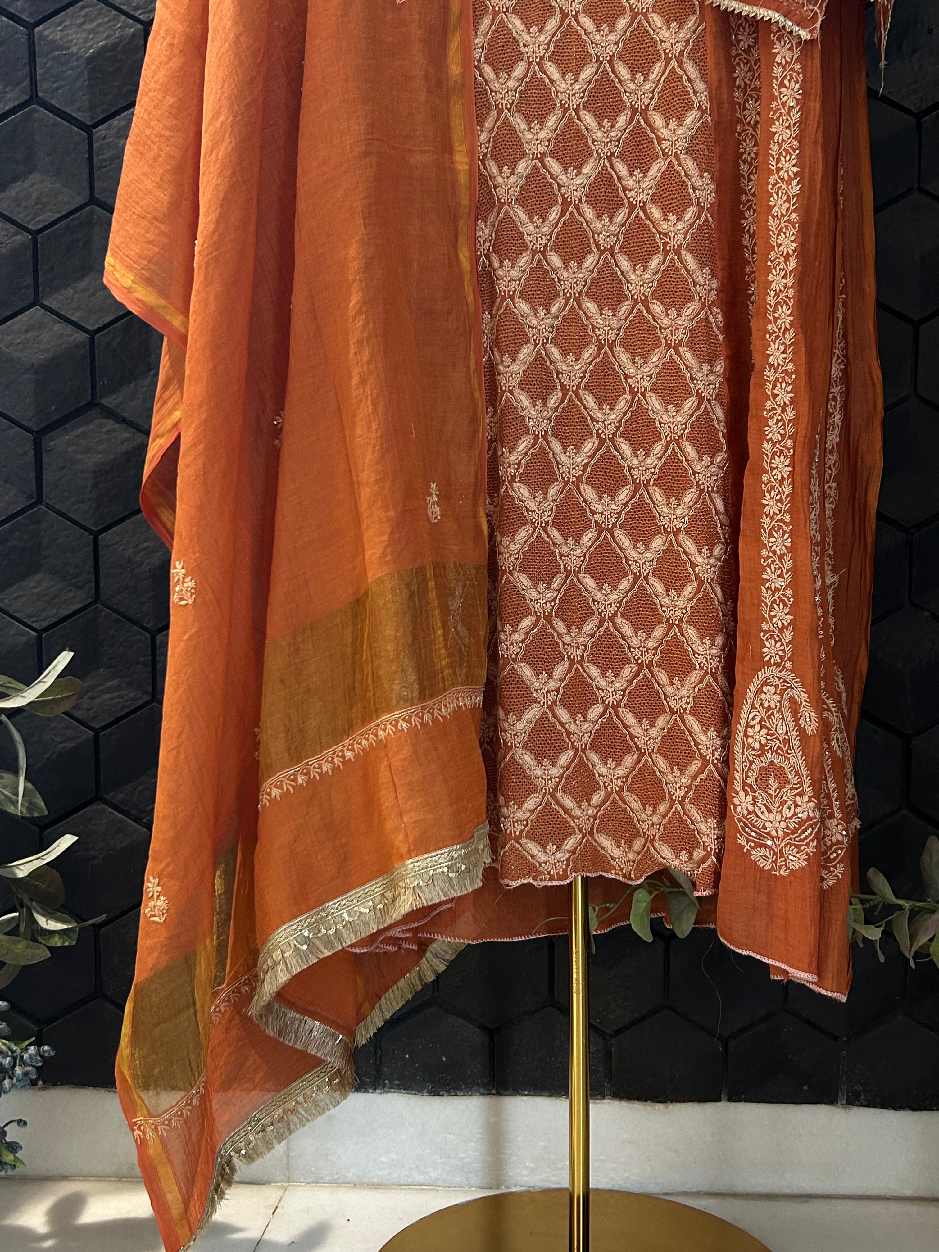 Orange Golden Tissue Chikankari Anarkali Set