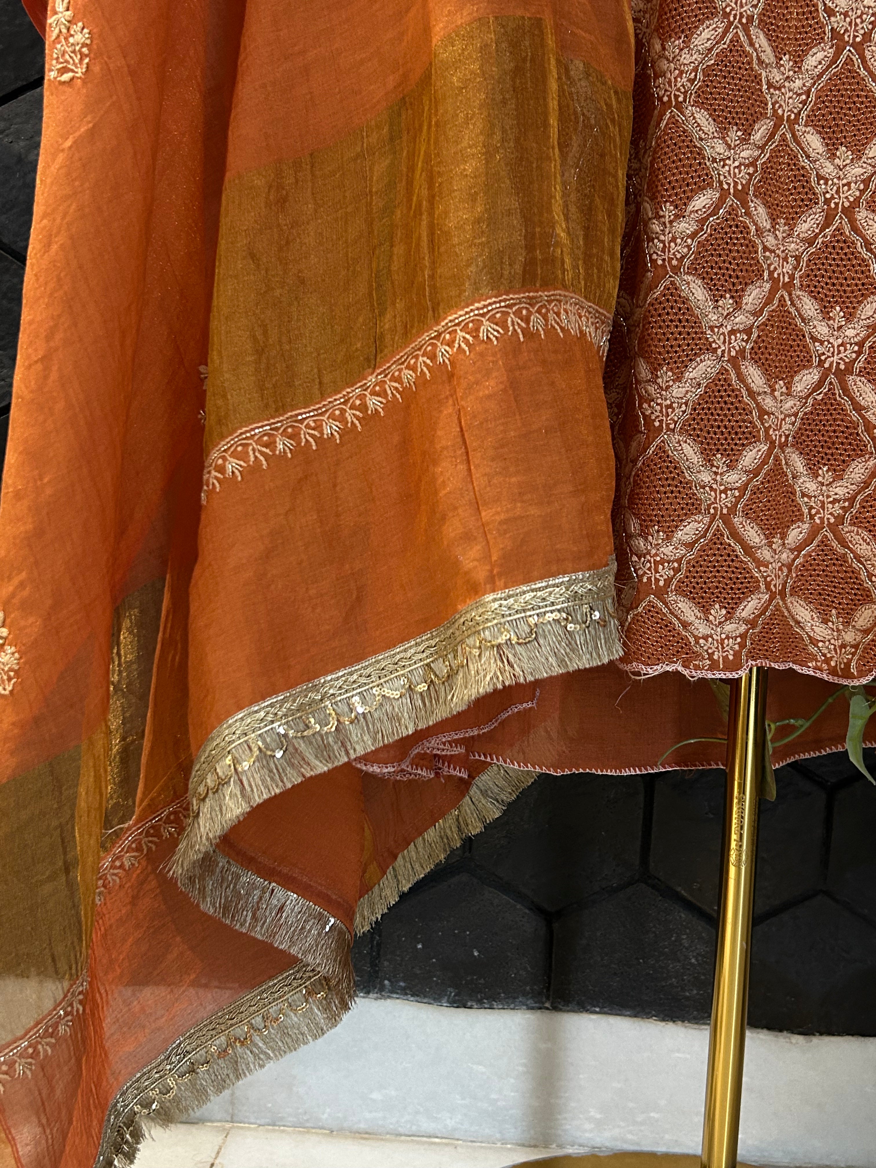 Orange Golden Tissue Chikankari Anarkali Set